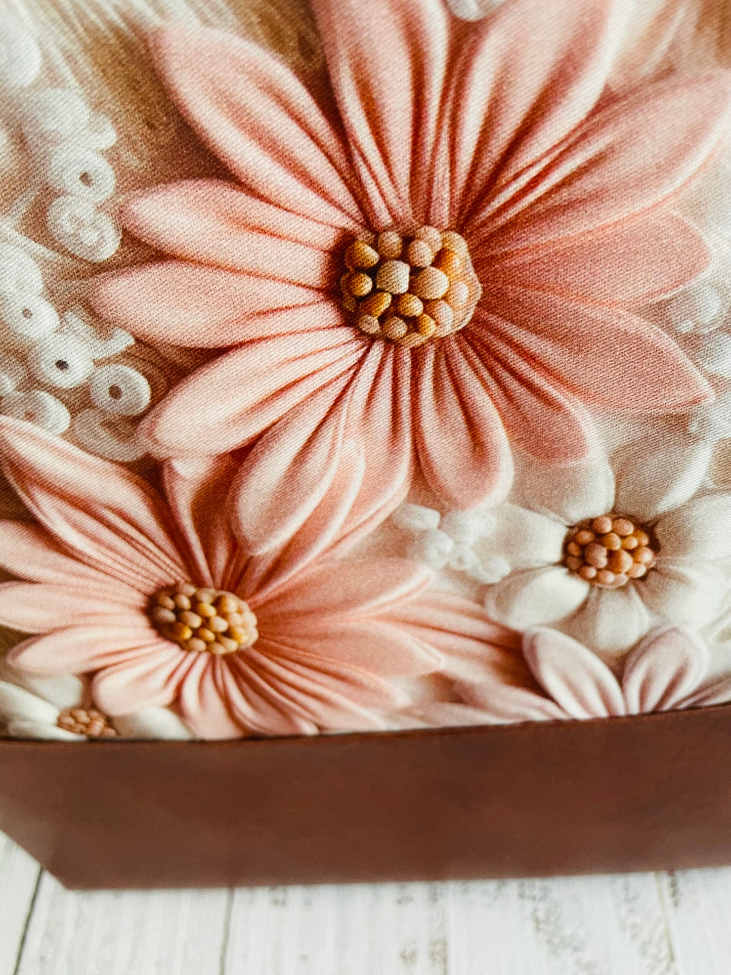 PAPER FLOWERS .. Lifestyle plus bag (soft no wire , but interfaced ) BROWN FAUX LEATHER BOTTOM....NO INNER POCKET….ROSE GOLD HARDWARE ….EXCLUSIVE BAG BLING BY JONESKNIT