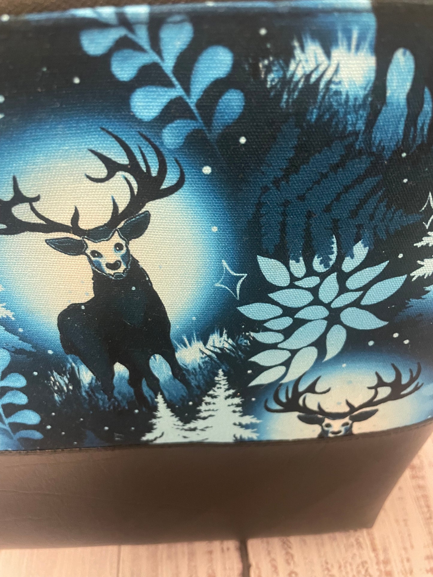FROSTED DEER.. Lifestyle plus  bag (soft no wire  , but interfaced )  BLACK FAUX LEATHER BOTTOM...CUSTOM PRINTED CANVAS
