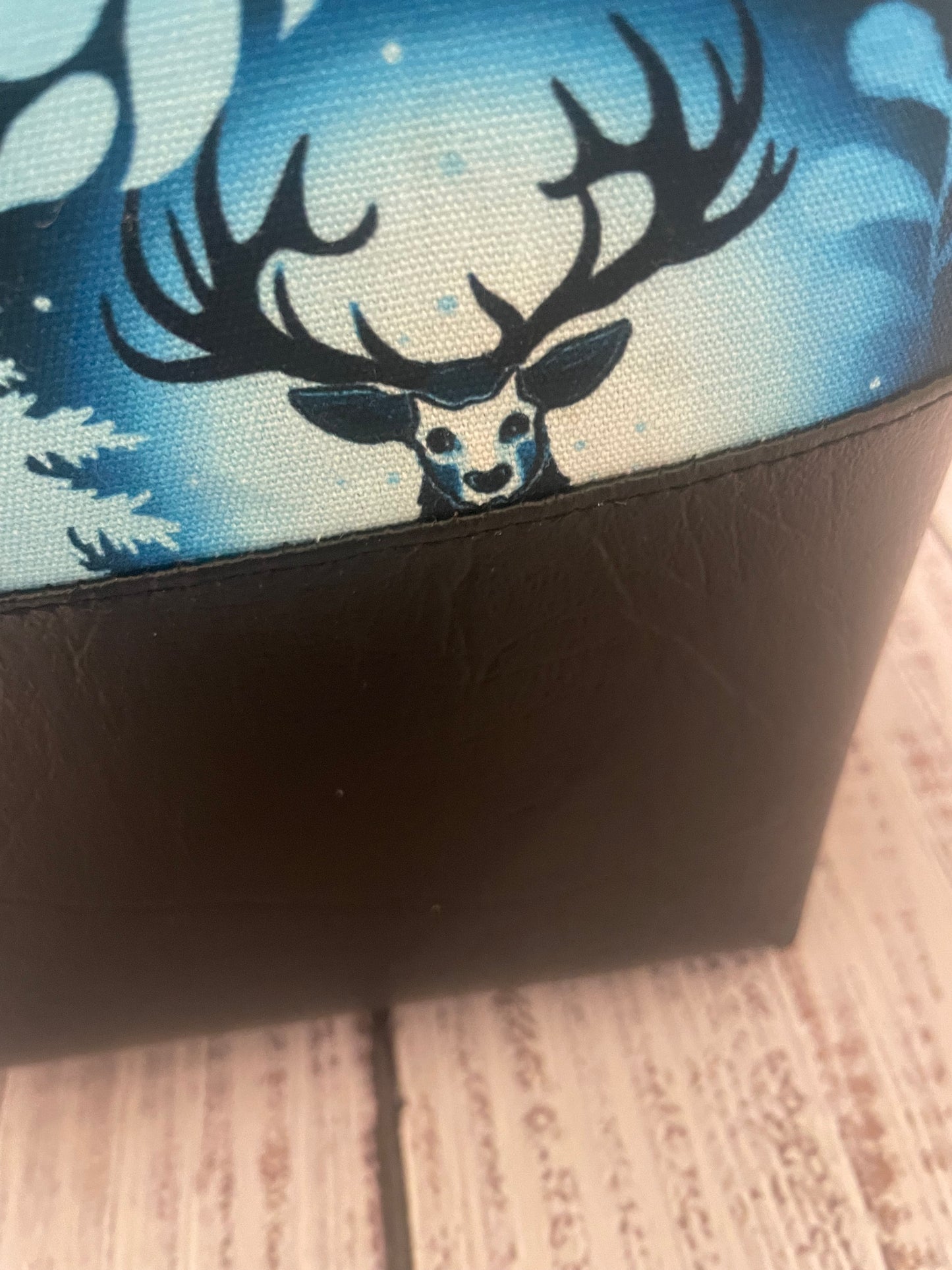 FROSTED DEER.. Lifestyle plus  bag (soft no wire  , but interfaced )  BLACK FAUX LEATHER BOTTOM...CUSTOM PRINTED CANVAS