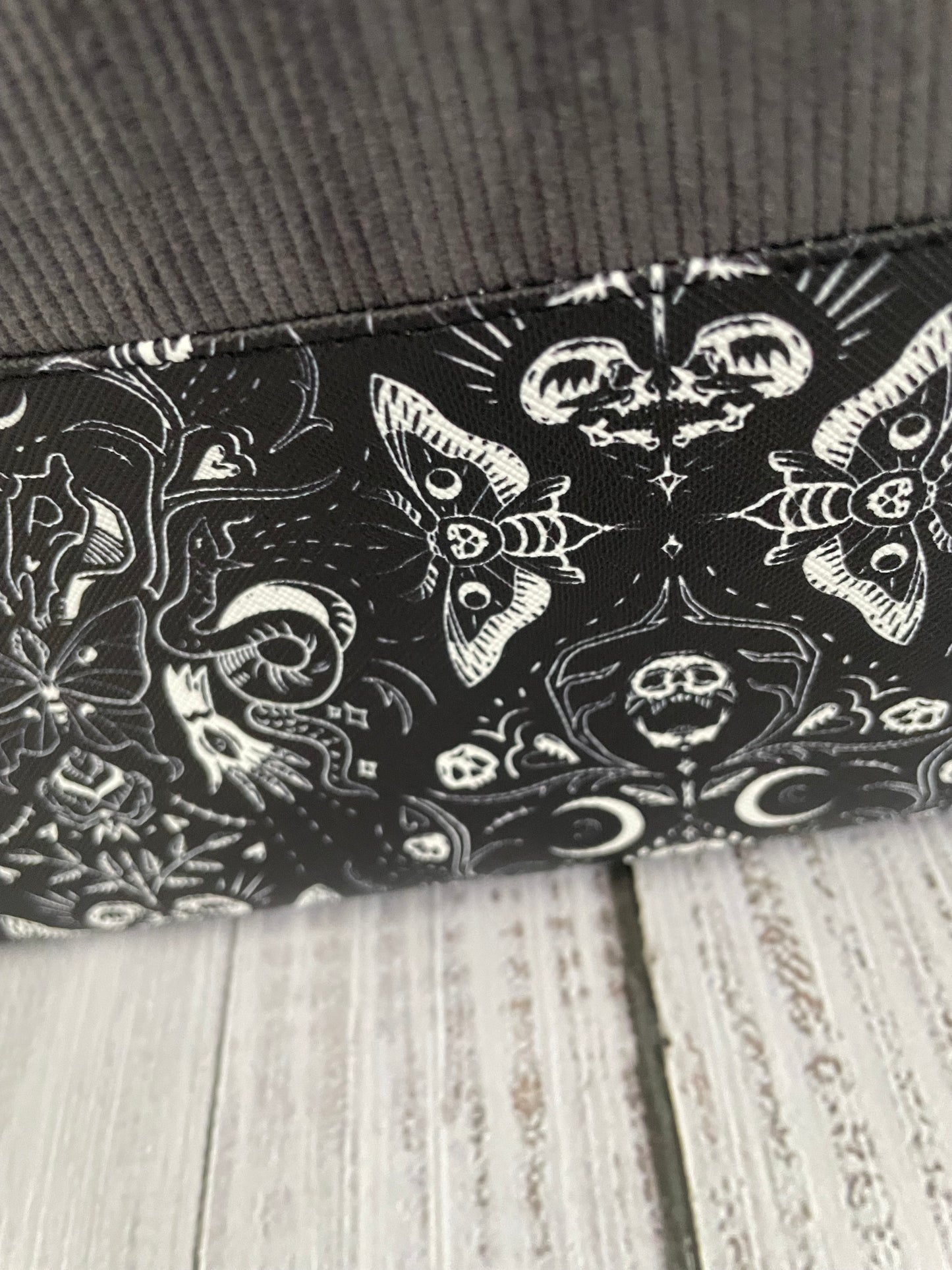 CHARCOAL CORDUROY TALL Lifestyle plus bag (soft no wire , but interfaced )DEATHMOTH FAUX LEATHER BOTTOM
