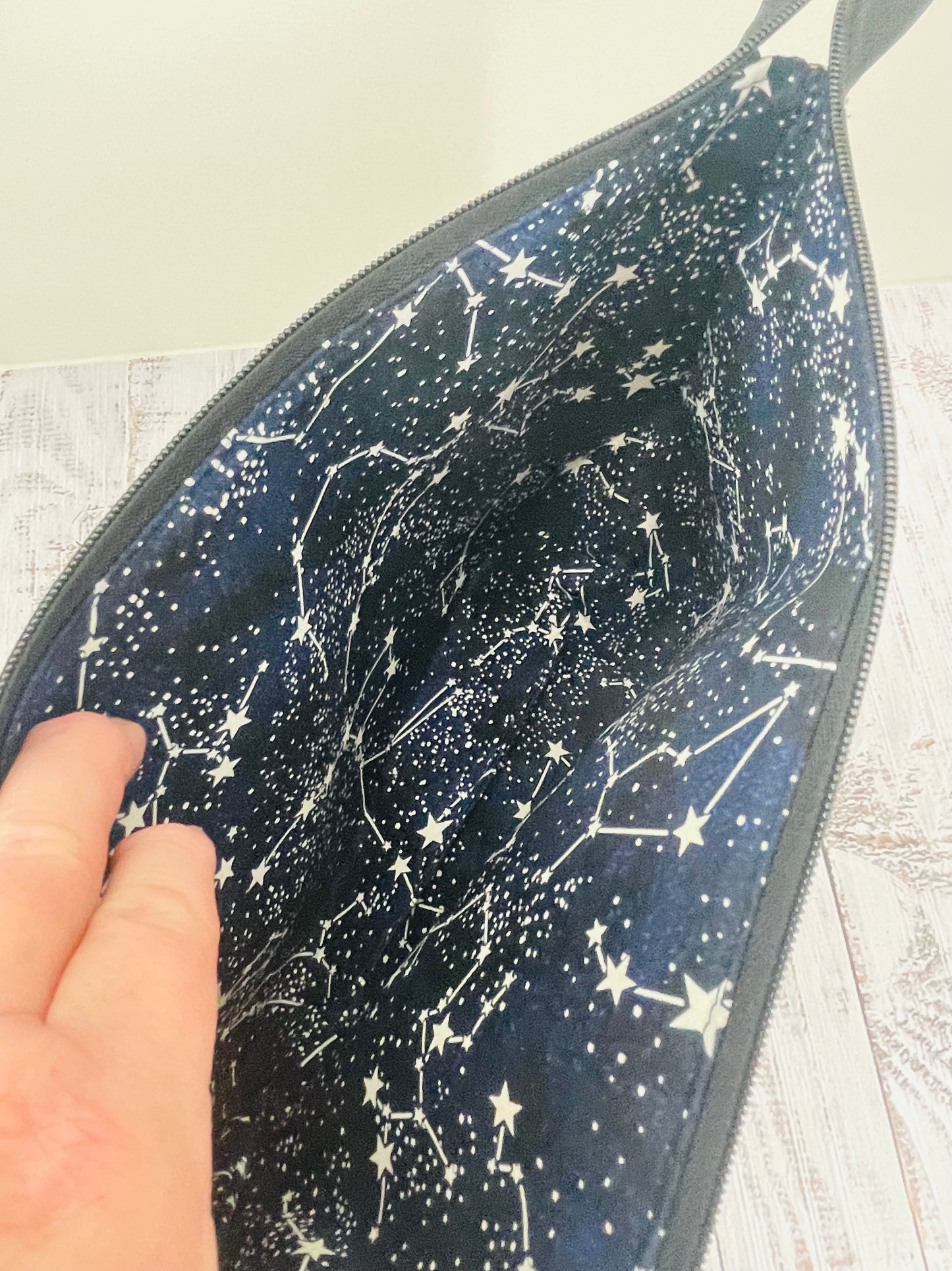 SPACE WARS COMIC STRIP  small  Lifestyle bag (soft no wire  , but interfaced ) lining is glow in the dark , light activated