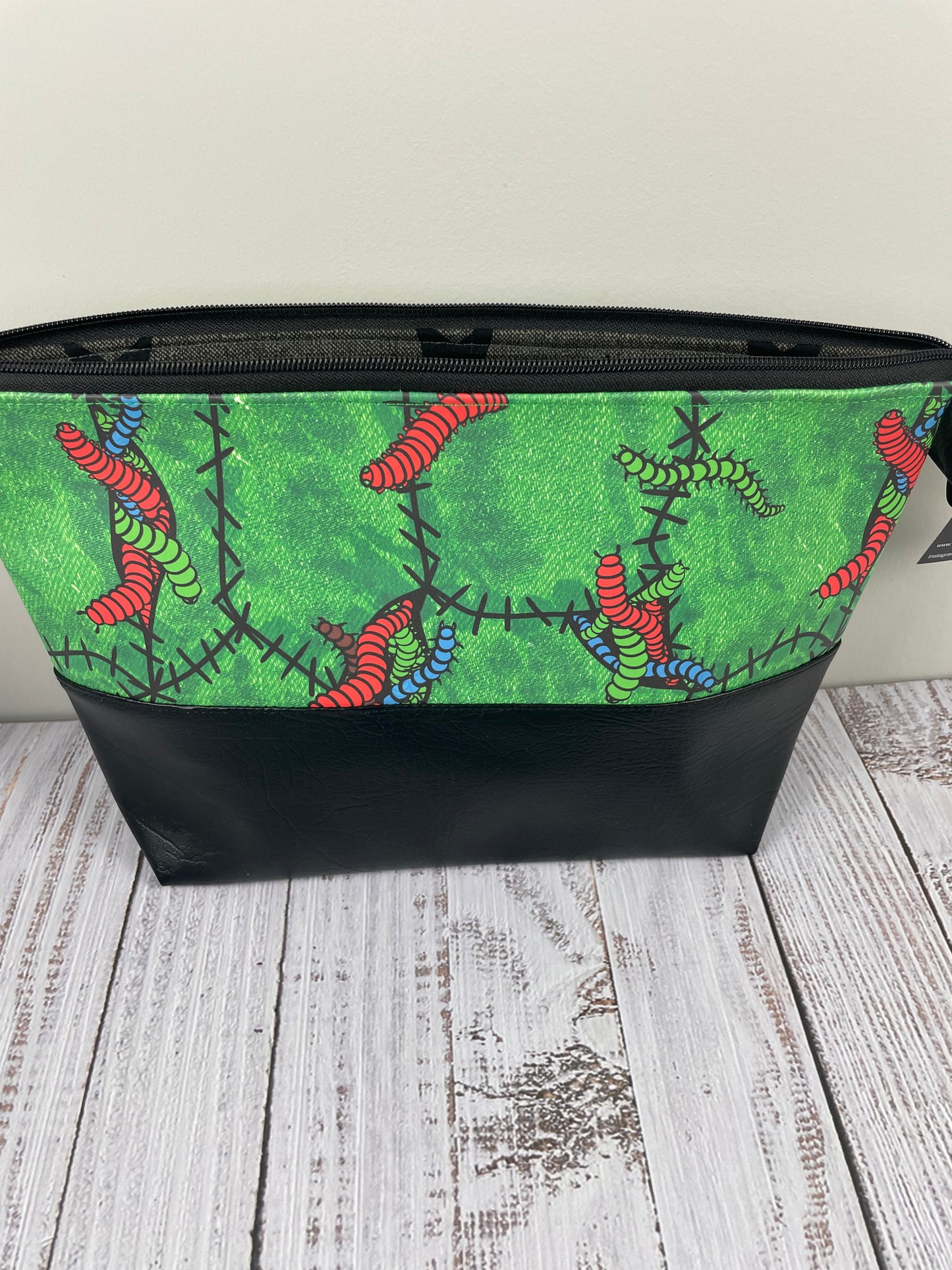 BOOGEY WORMS ...GLOW IN THE DARK VINYL .. Lifestyle plus bag (soft no wire , but interfaced ) BLACK FAUX LEATHER BOTTOM