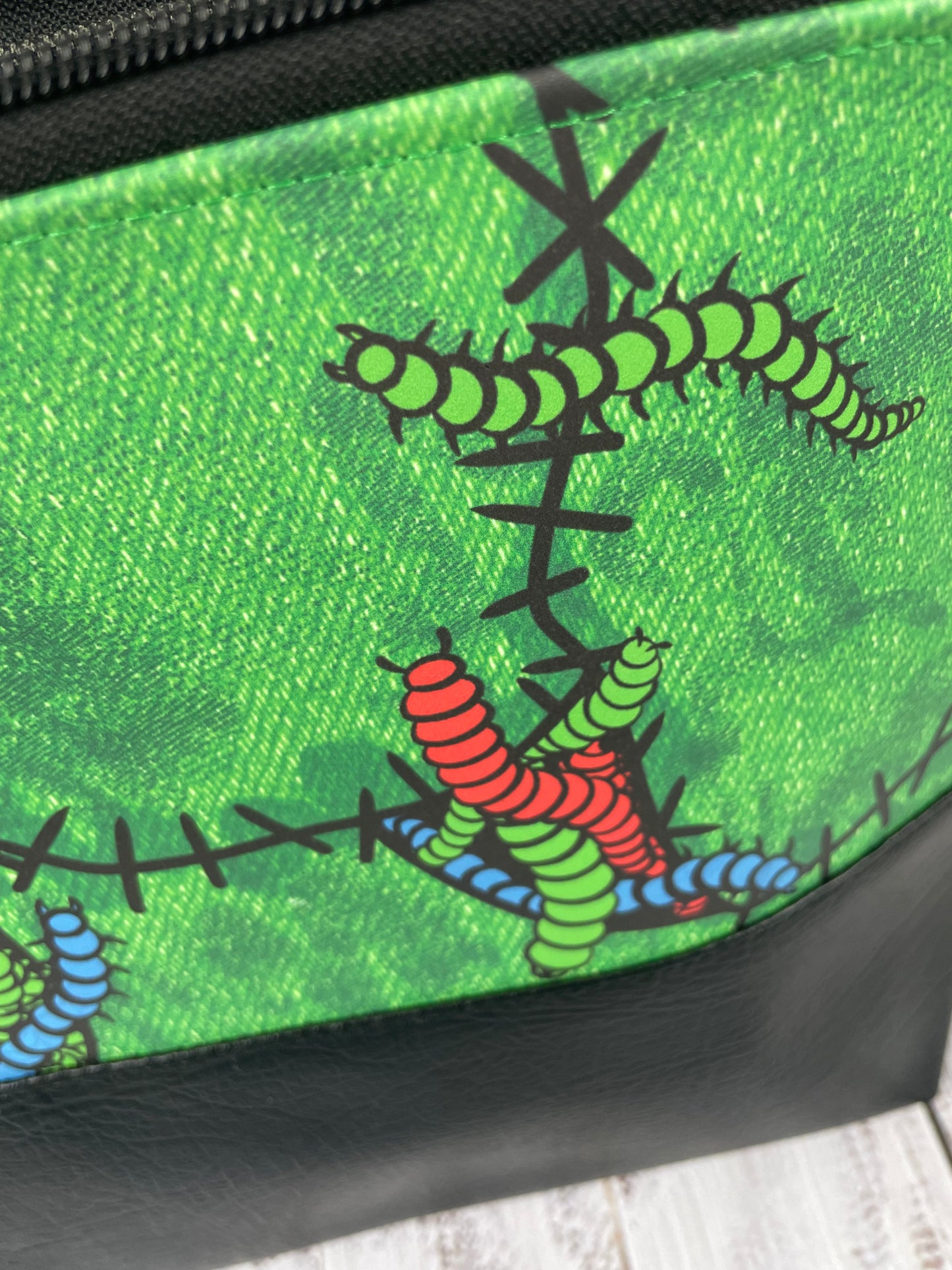 BOOGEY WORMS ...GLOW IN THE DARK VINYL .. Lifestyle plus bag (soft no wire , but interfaced ) BLACK FAUX LEATHER BOTTOM