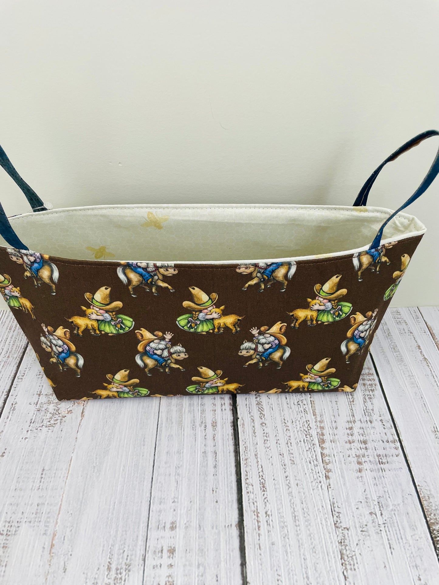 COWBOY GNOMES ....MINI BASKET WITH CORK HANDLES ...CUSTOM PRINT