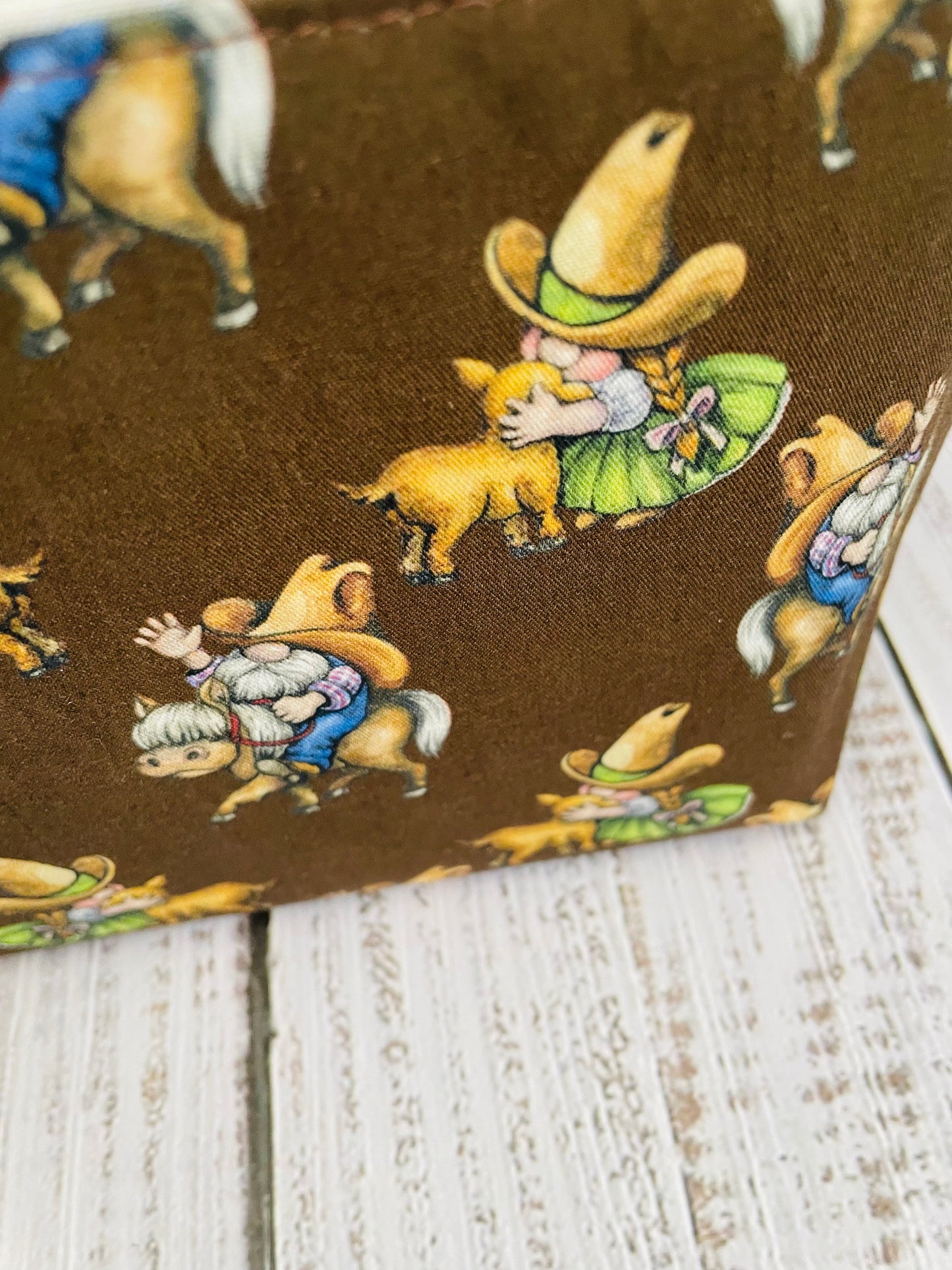 COWBOY GNOMES ....MINI BASKET WITH CORK HANDLES ...CUSTOM PRINT