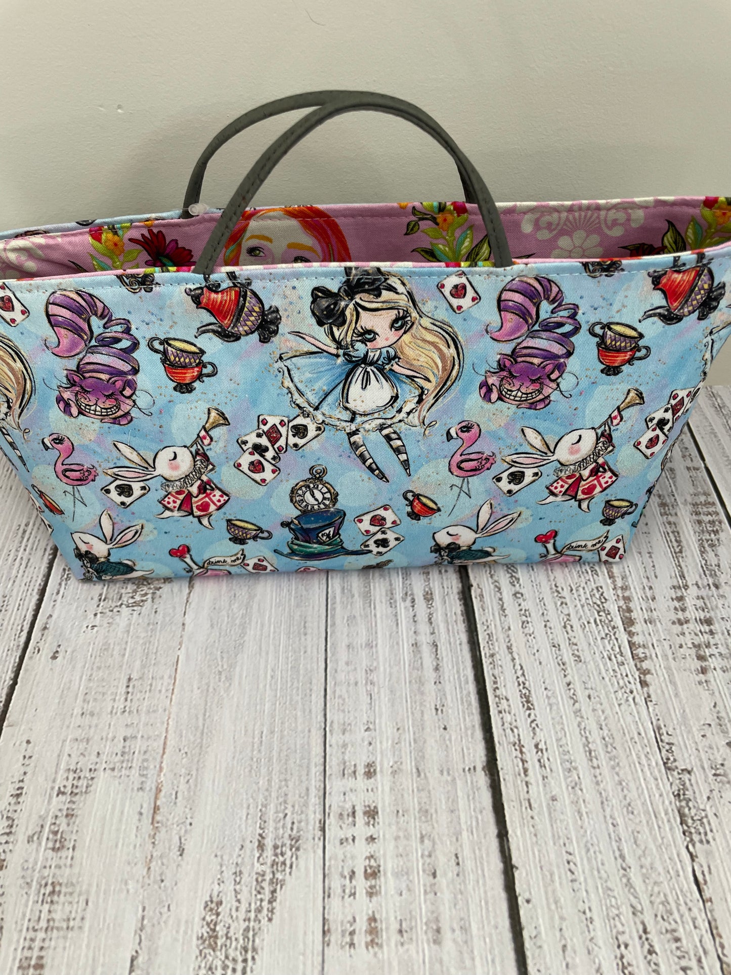 DOWN THE RABBIT HOLE     ....MINI TOTE BAG   WITH CORK HANDLES...CUSTOM PRINT