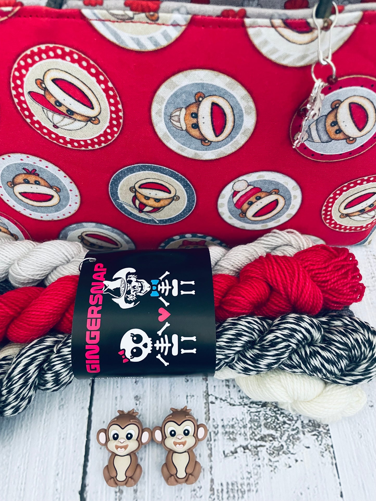 SOCK MONKEY MINI TOTE BAG & MINISNAP SET ...LUSH Fingering & Mighty Marled fingering (5)...1 SET OF MONKEY STITCH TOPPERS, 1 PROGRESS KEEPER, 1 STITCH MARKER