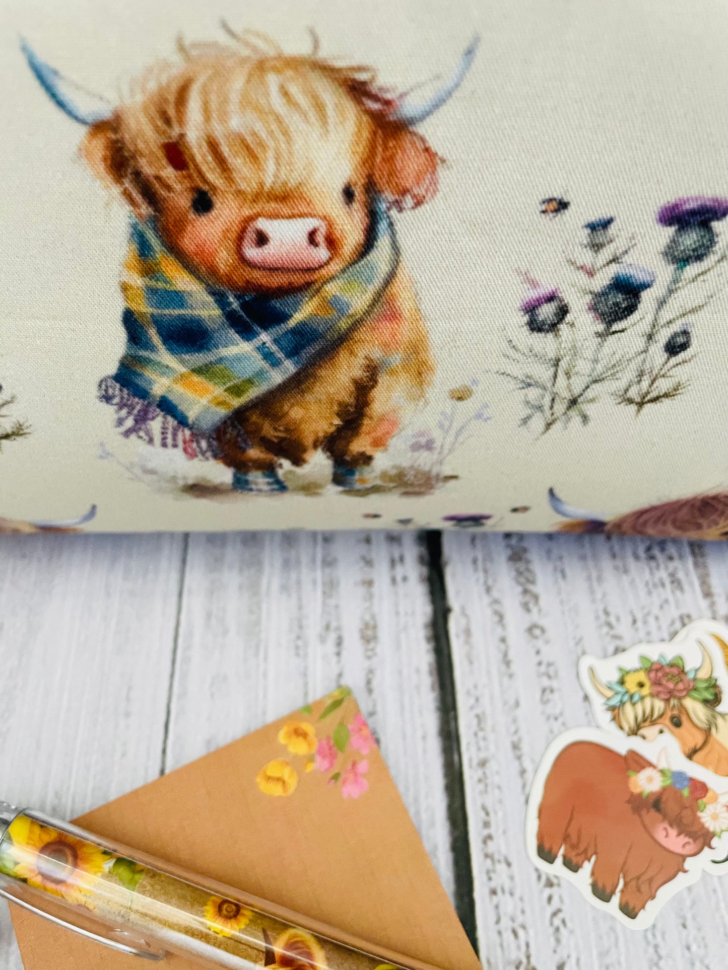 HIGHLAND COO IN TARTAN SMALL WIRE FRAME BAG, STITCH STOPPERS , pen STICKY NOTES CUSTOM PRINT