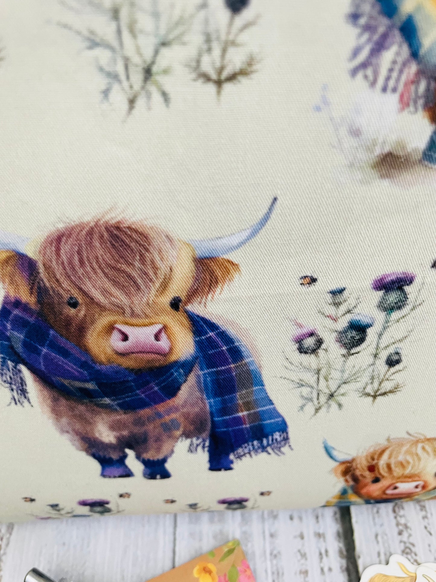 HIGHLAND COO IN TARTAN Lifestyle bag (soft no wire , but interfaced )...CUSTOM PRINT...STITCH STOPPERS , PEN, STICKY NOTE PAD AND STICKERS
