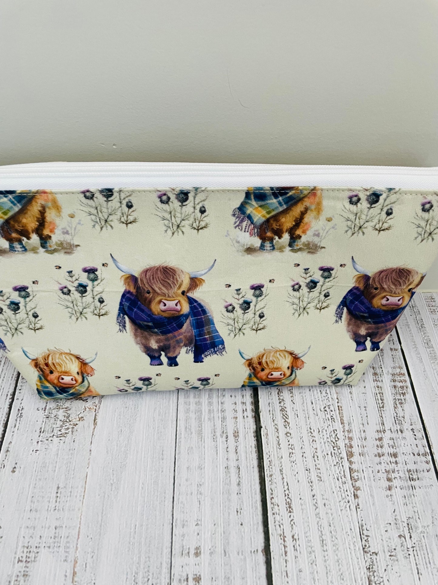 HIGHLAND COO IN TARTAN Lifestyle bag (soft no wire , but interfaced )...CUSTOM PRINT...STITCH STOPPERS , PEN, STICKY NOTE PAD AND STICKERS