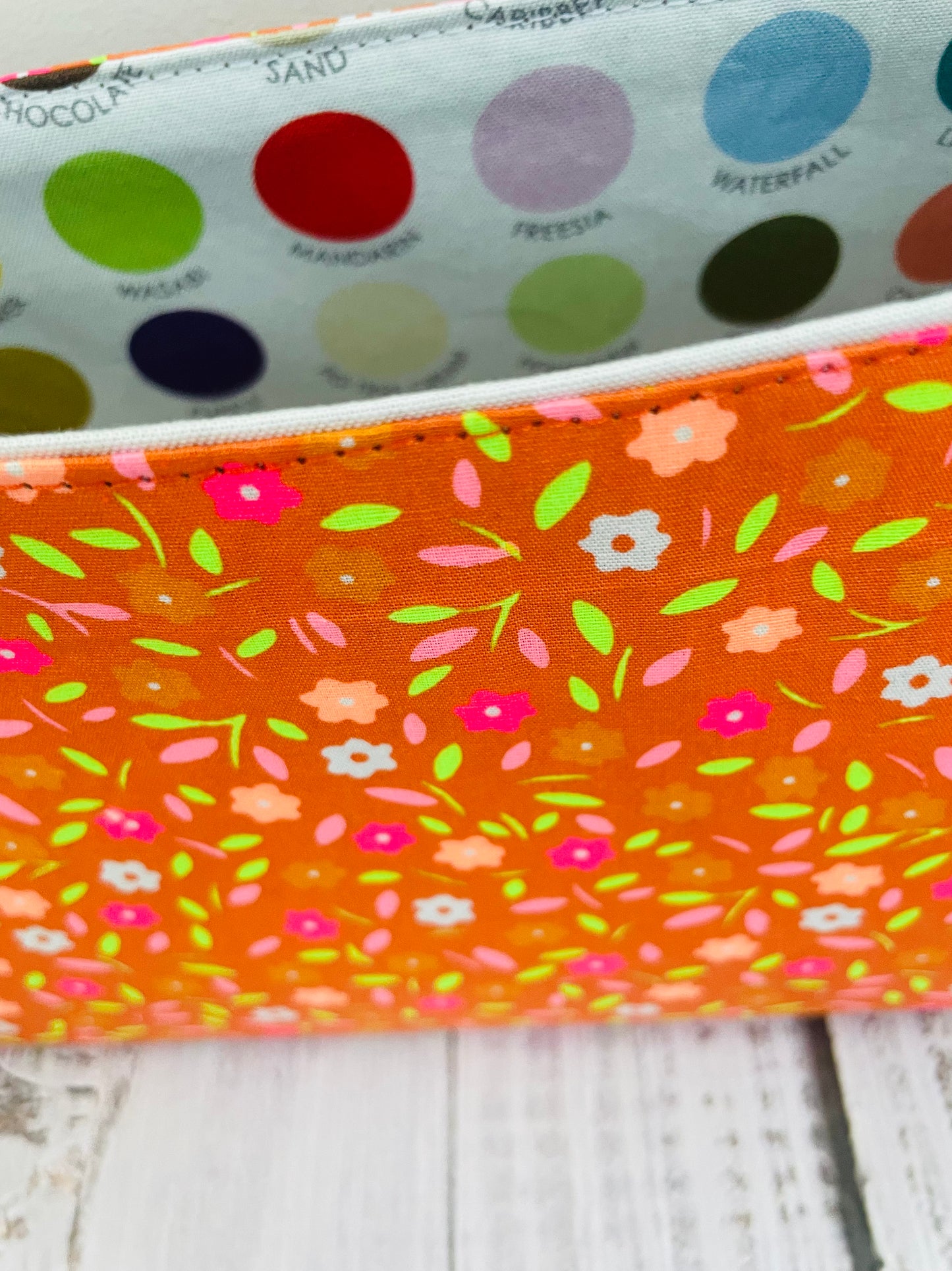 ORANGE BLOSSOMS ....MINI BASKET WITH CORK HANDLES ....BLACK LIGHT REACTIVE FABRIC