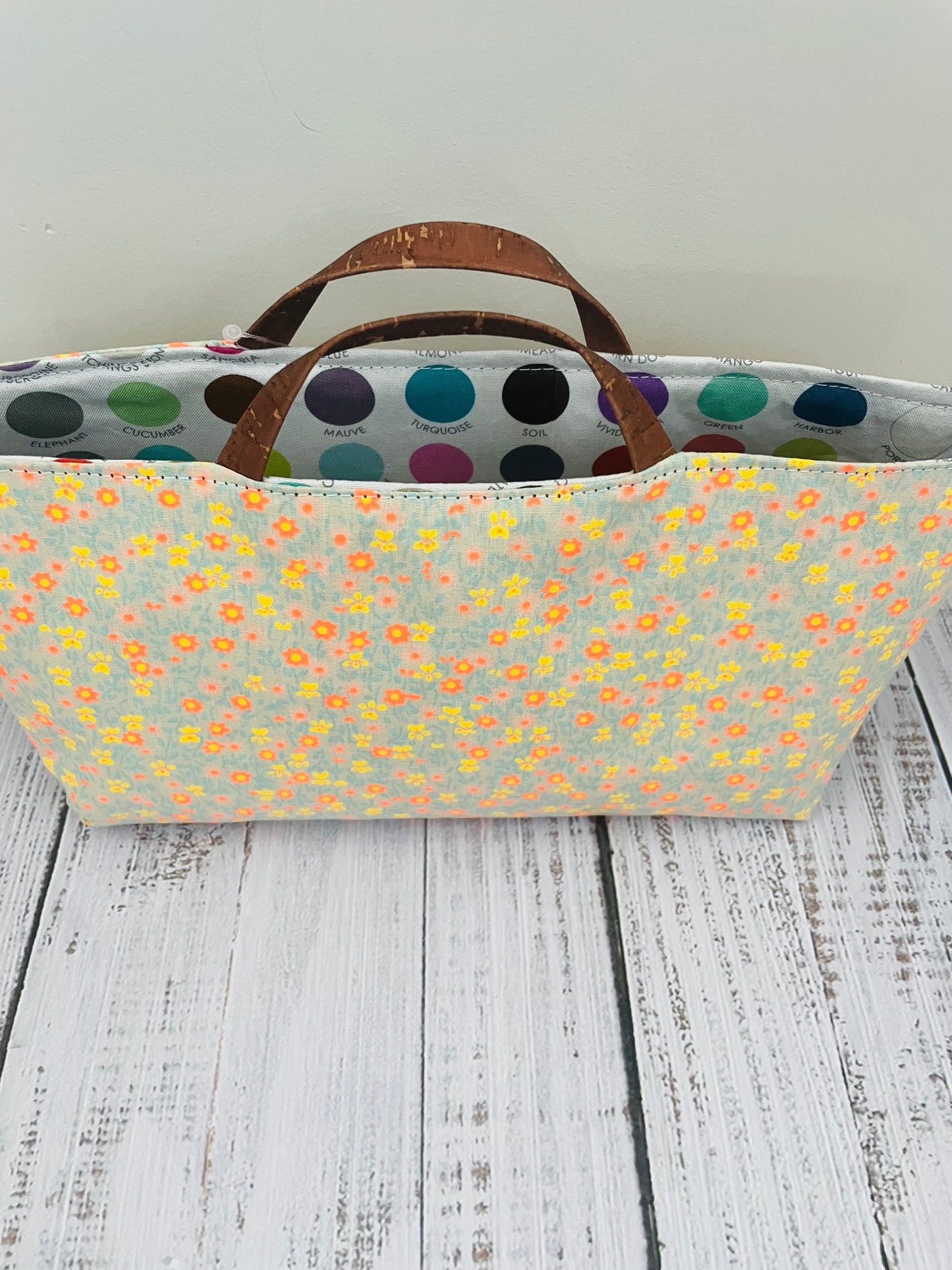 SPRING FLING ....MINI TOTE BAG WITH CORK HANDLES ....BLACK LIGHT REACTIVE FABRIC
