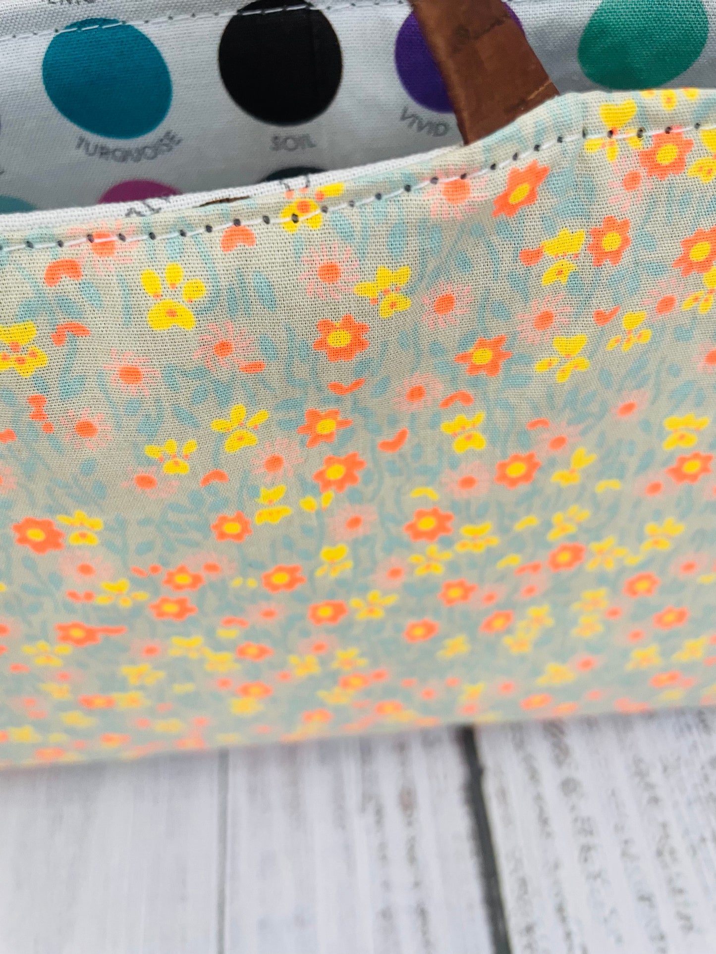 SPRING FLING ....MINI TOTE BAG WITH CORK HANDLES ....BLACK LIGHT REACTIVE FABRIC