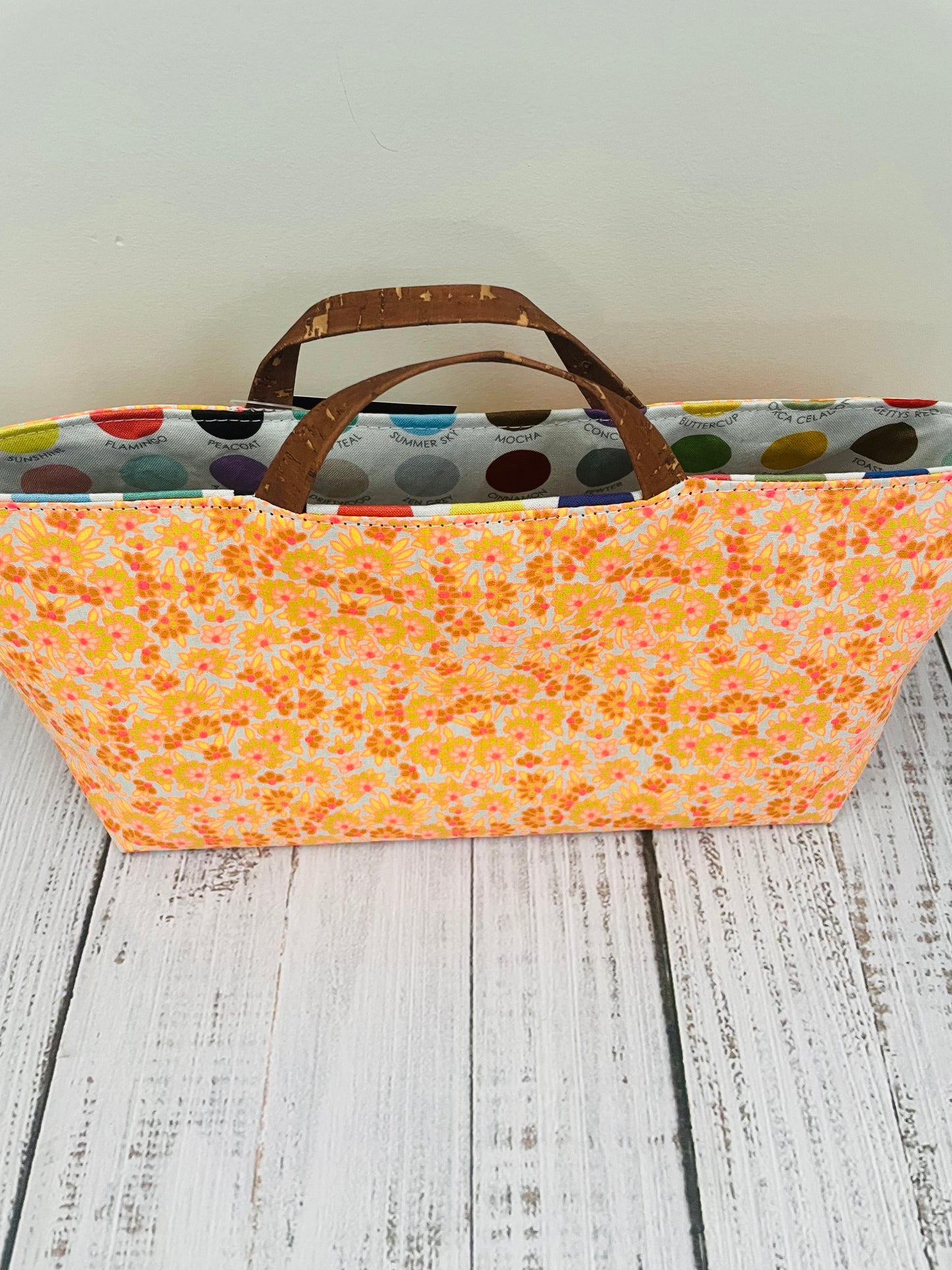 PEACH BLOSSOMS ....MINI TOTE BAG WITH CORK HANDLES ....BLACK LIGHT REACTIVE FABRIC