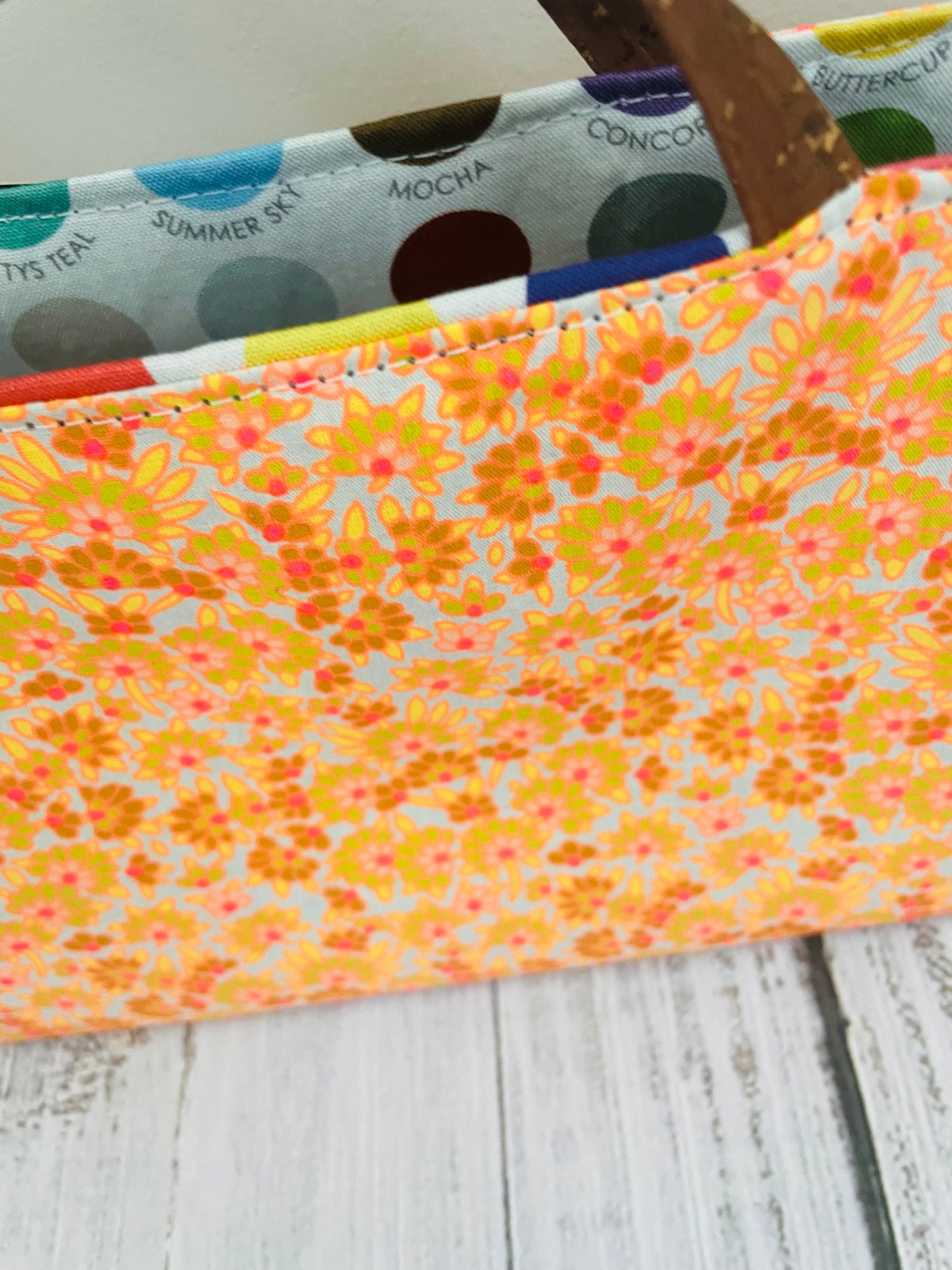 PEACH BLOSSOMS ....MINI TOTE BAG WITH CORK HANDLES ....BLACK LIGHT REACTIVE FABRIC