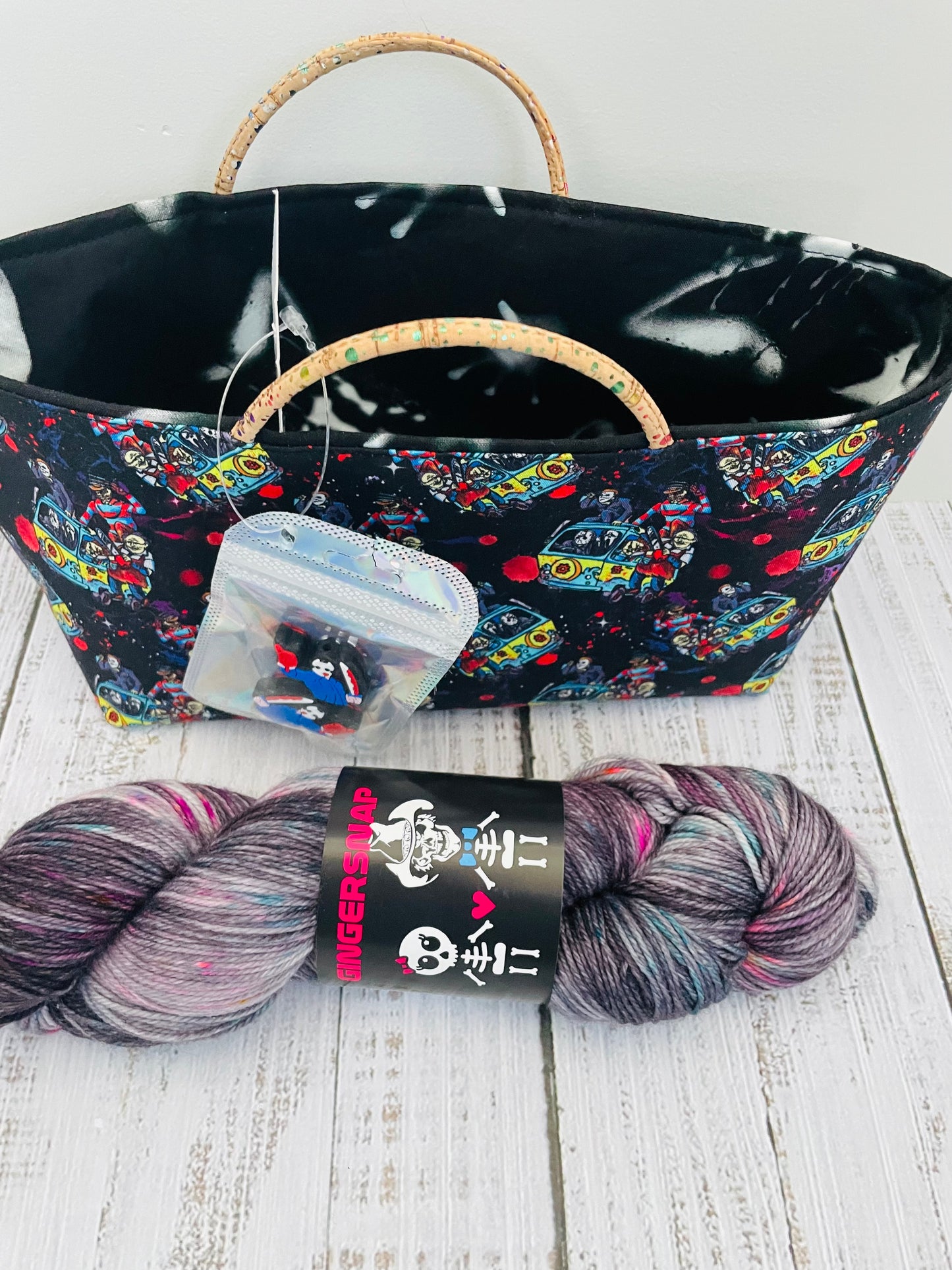 NEON NIGHTMARE  HALLOWEEN SKEIN  AND MINI TOTE , THEMED STITCH STOPPERS
