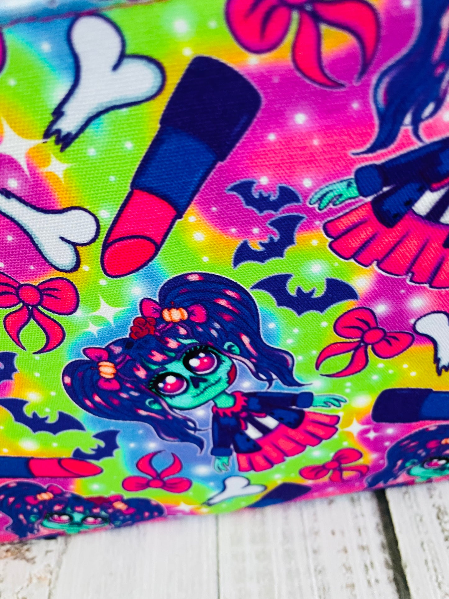 ZOMBIE GIRL ..... Lifestyle bag (soft no wire  , but interfaced) CUSTOM PRINT...BLACK LIGHT REACTIVE FABRIC