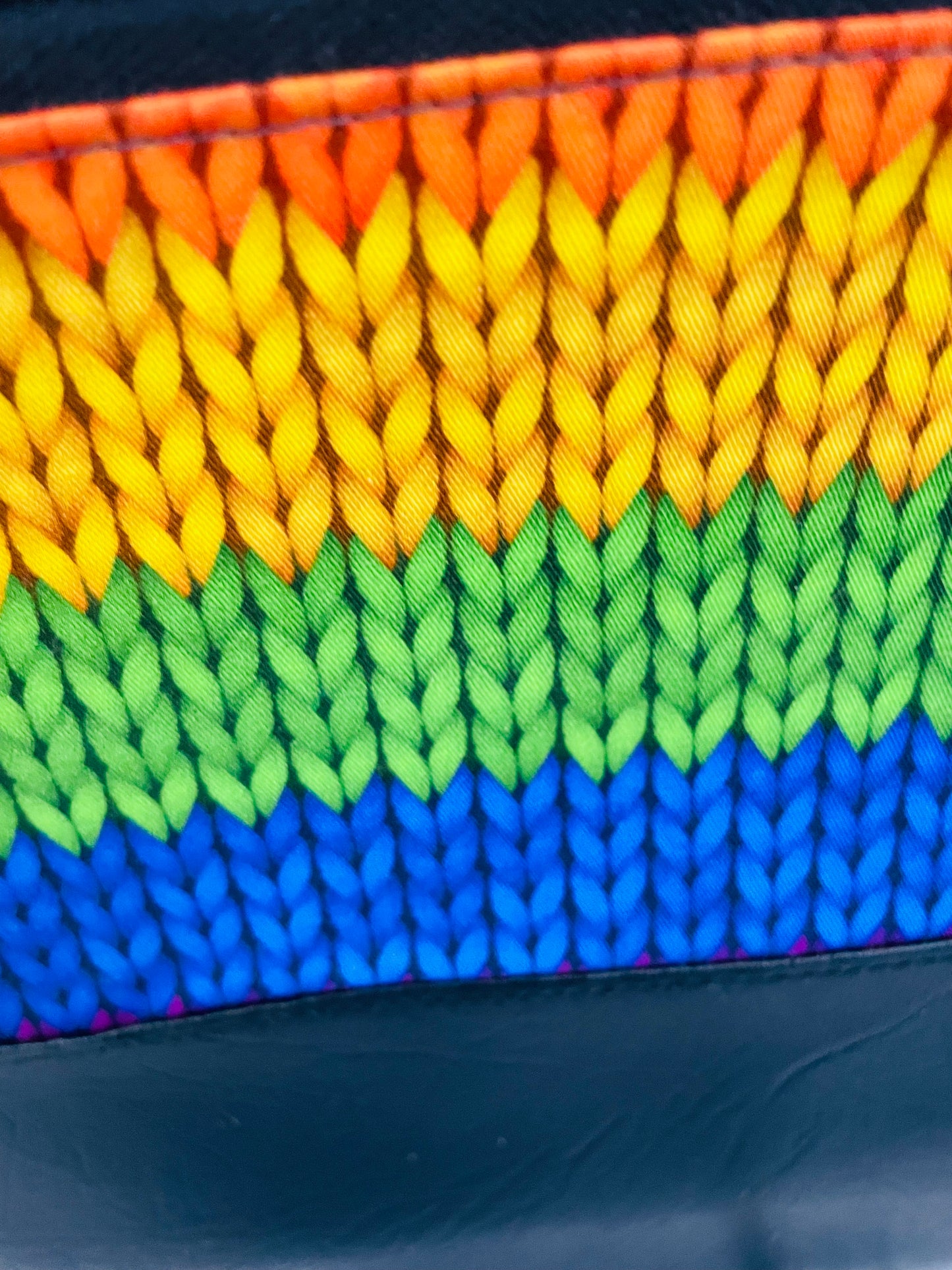 KNITTED RAINBOW ..... Lifestyle plus  bag (soft no wire  , but interfaced )  BLACK FAUX LEATHER BOTTOM...CUSTOM PRINT
