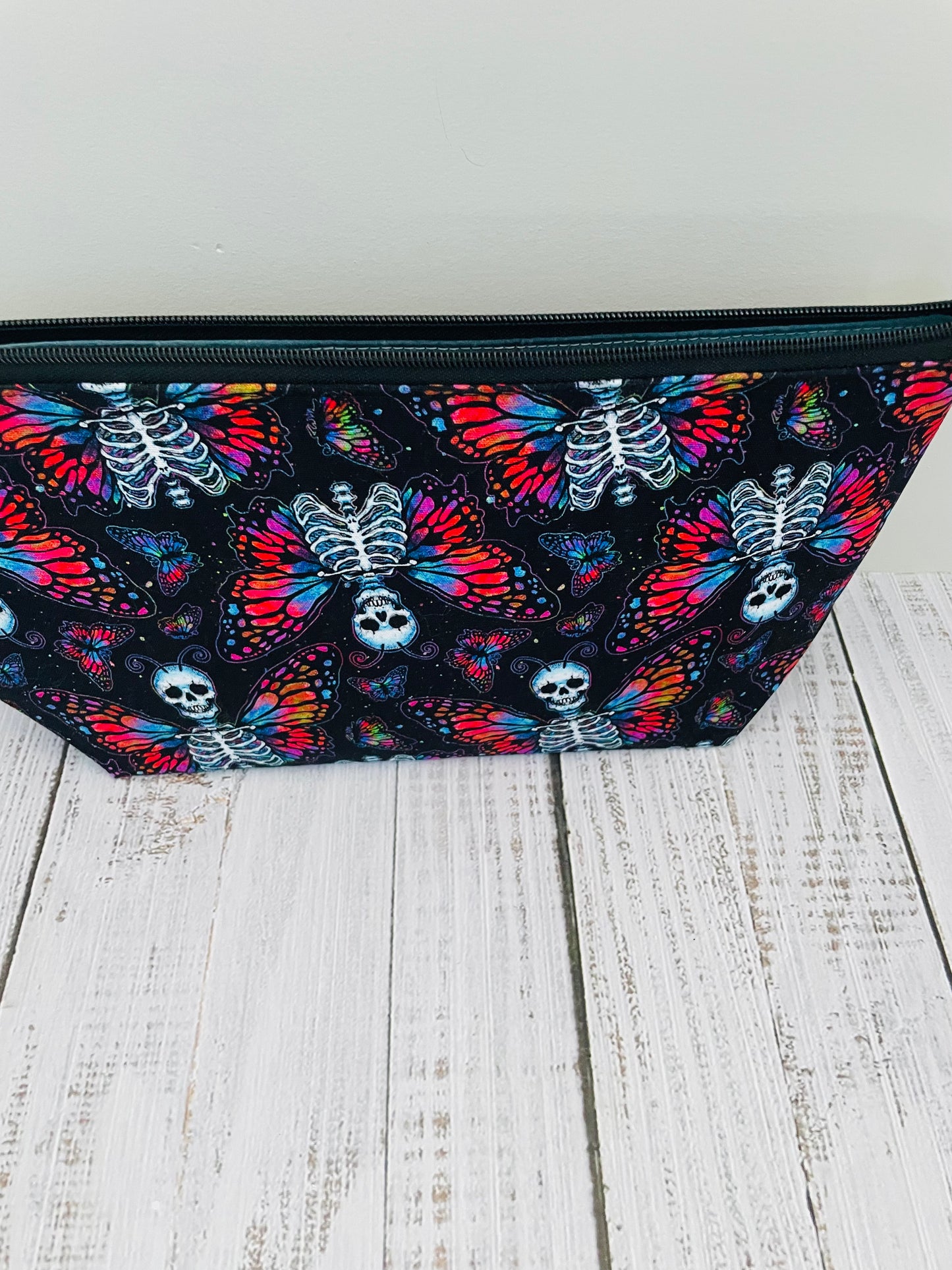 BUTTERFLY SKULL  ..... Lifestyle bag (soft no wire  , but interfaced) CUSTOM PRINT...BLACK LIGHT REACTIVE FABRIC