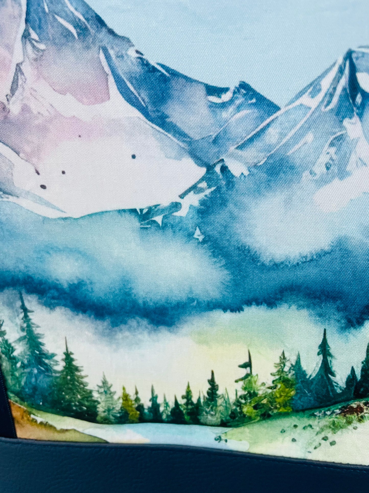 WATERCOLOUR MOUNTAINS .... large  TOTE bag...CUSTOM PRINT ...NAVY  SEATBELT WEBBING HANDLES AND FAUX LETHER BOTTOM (Copy)