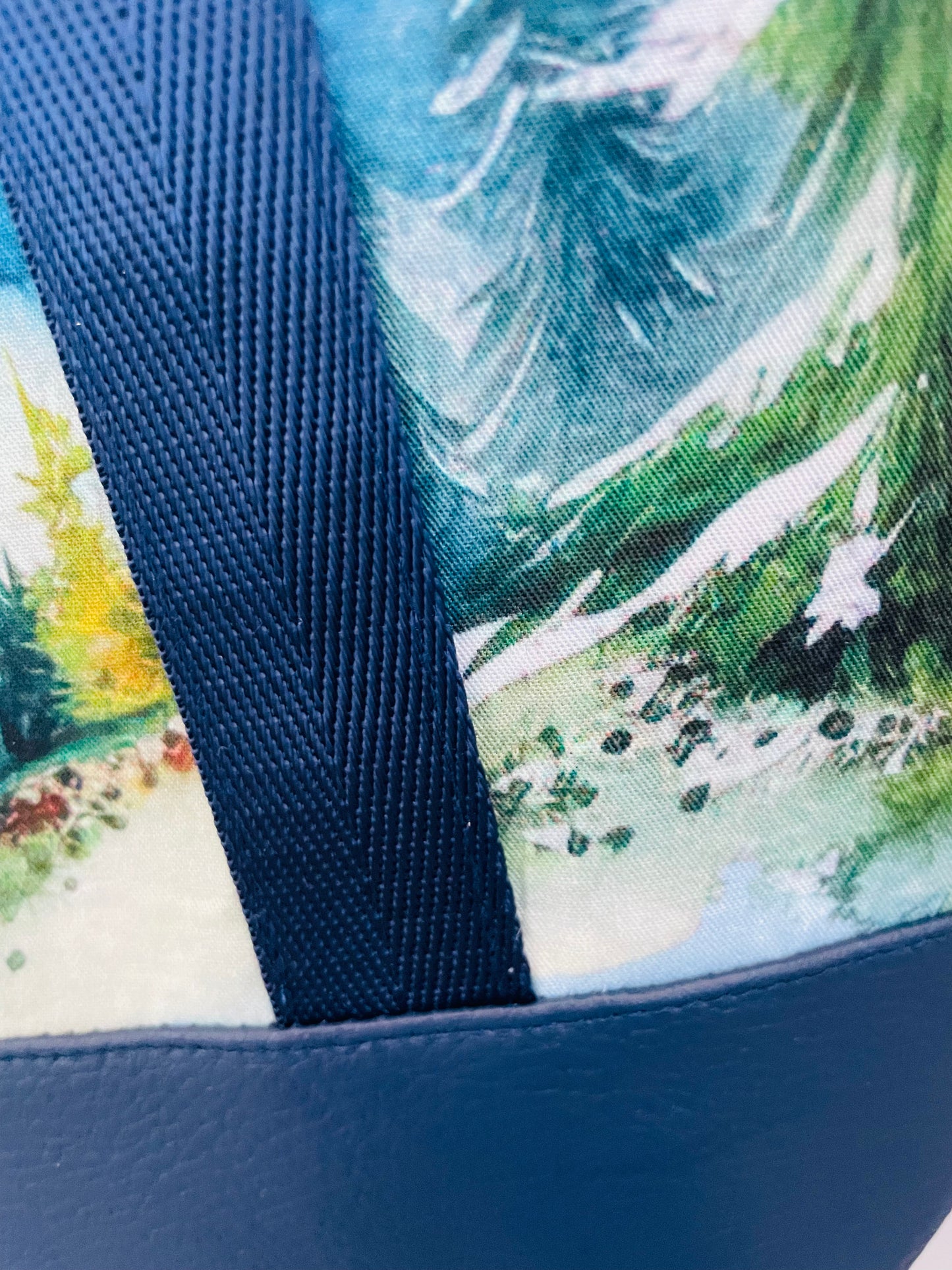 WATERCOLOUR MOUNTAINS .... large  TOTE bag...CUSTOM PRINT ...NAVY  SEATBELT WEBBING HANDLES AND FAUX LETHER BOTTOM (Copy)
