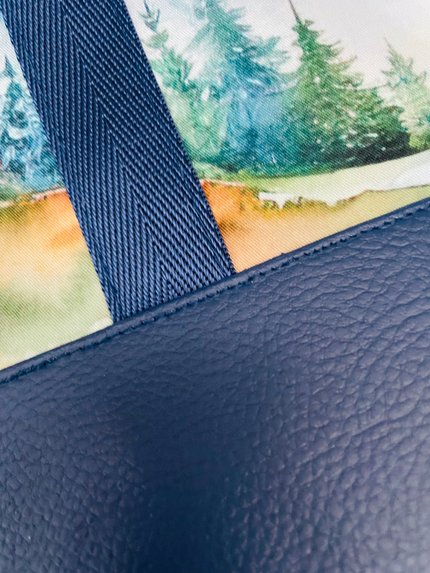 WATERCOLOUR MOUNTAINS .... large  TOTE bag...CUSTOM PRINT ...NAVY  SEATBELT WEBBING HANDLES AND FAUX LETHER BOTTOM (Copy)