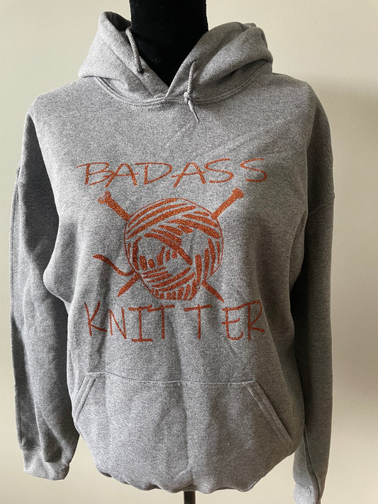 BADASS KNITTER EXCLUSIVE  HOODIE ....LARGE .... PEWTER WITH ORANGE SPARKLE IMAGE