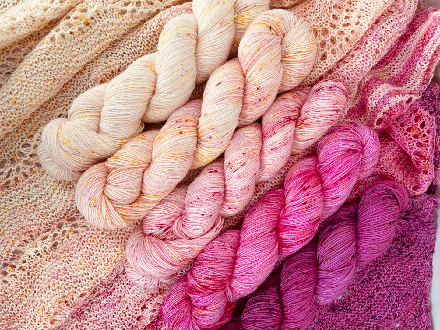 CHERRY BLOSSOM 5 SKEIN FADE ON LUSH FINGERING 2 PLY AND SQUISHY DK ….CHOOSE BASE FROM MENU