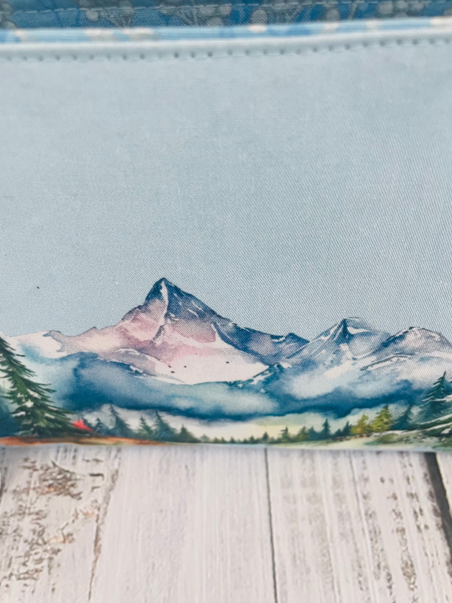 WATERCOLOUR MOUNTAINS   ....MINI BASKET  WITH LEATHER  HANDLES..HANDCRAFTED BAG BLING WITH PROGRESS KEEPER