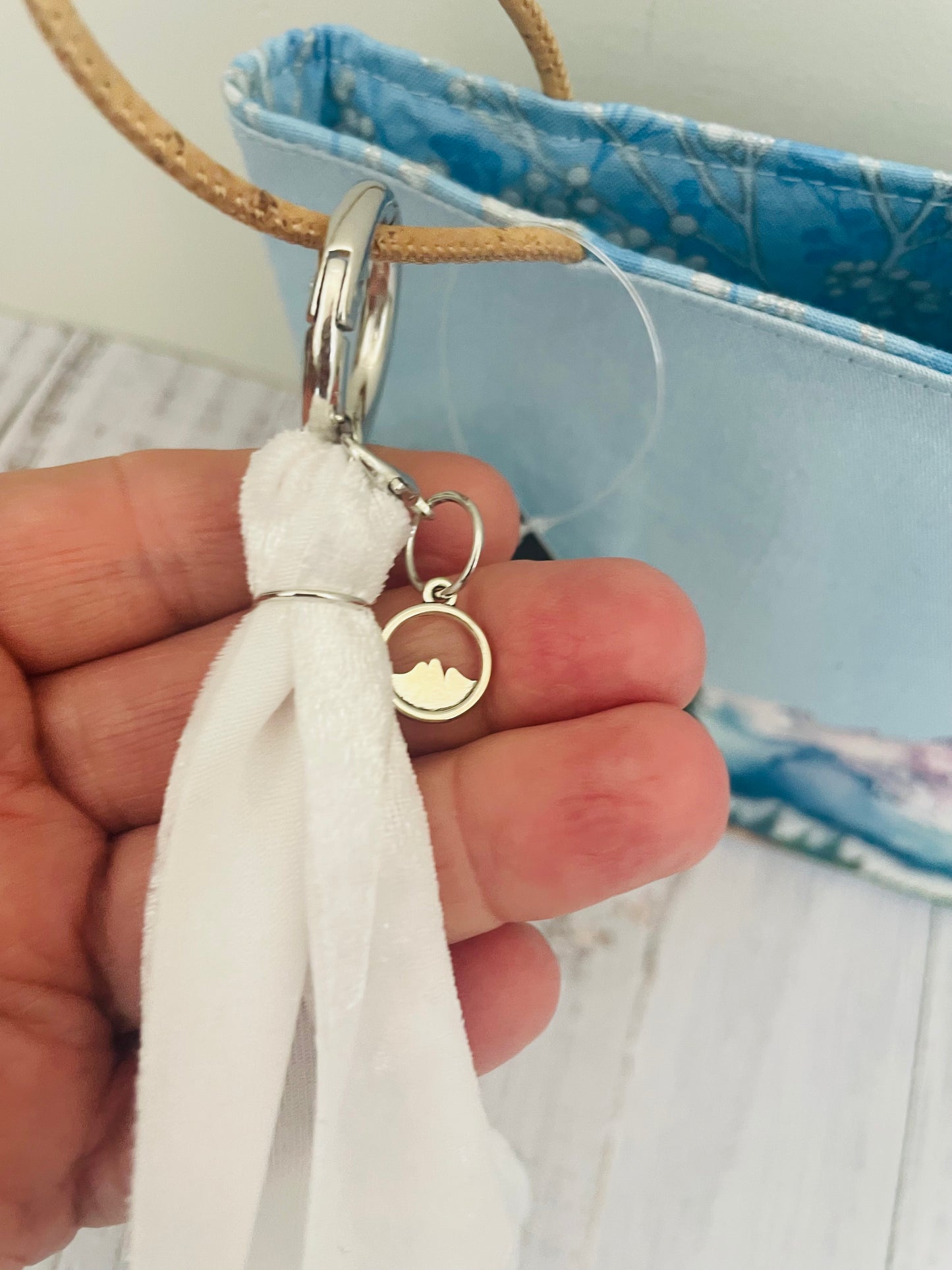 WATERCOLOUR MOUNTAINS   ....MINI BASKET  WITH LEATHER  HANDLES..HANDCRAFTED BAG BLING WITH PROGRESS KEEPER