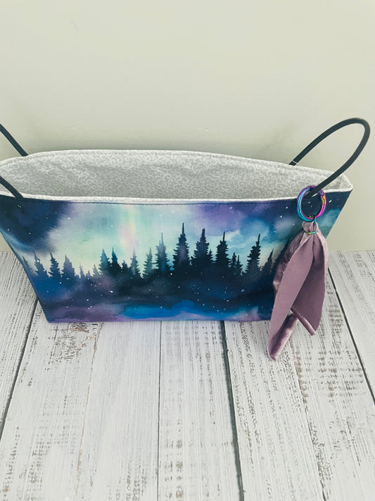 FIREFLY FOREST    ....MINI BASKET  WITH LEATHER  HANDLES..HANDCRAFTED BAG BLING WITH PROGRESS KEEPER