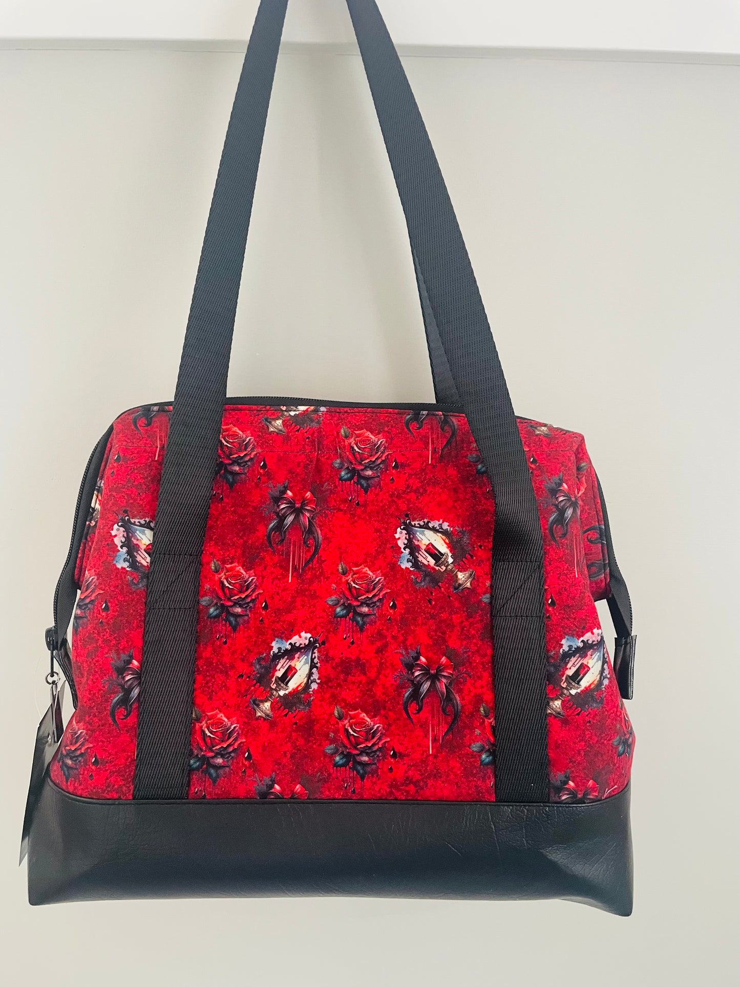 THROUGH THE VEIL  .... large  Wire frame bag...CUSTOM PRINT ...BLACK  SEATBELT WEBBING HANDLES AND FAUX LETHER BOTTOM