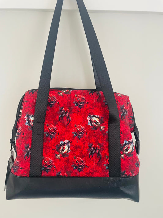 THROUGH THE VEIL  .... large  Wire frame bag...CUSTOM PRINT ...BLACK  SEATBELT WEBBING HANDLES AND FAUX LETHER BOTTOM