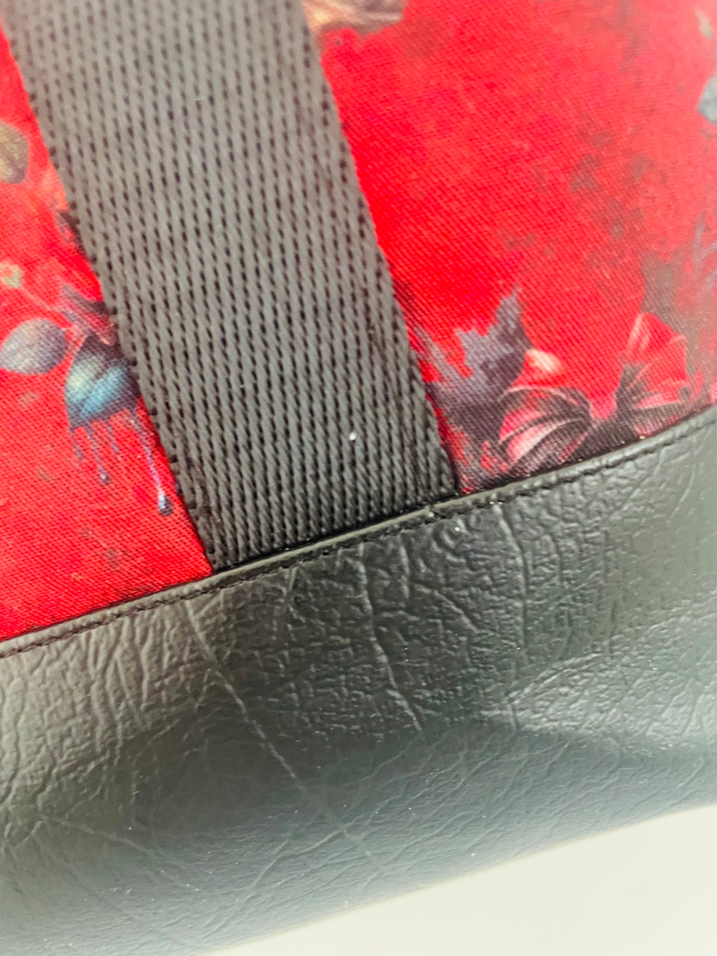 THROUGH THE VEIL  .... large  Wire frame bag...CUSTOM PRINT ...BLACK  SEATBELT WEBBING HANDLES AND FAUX LETHER BOTTOM