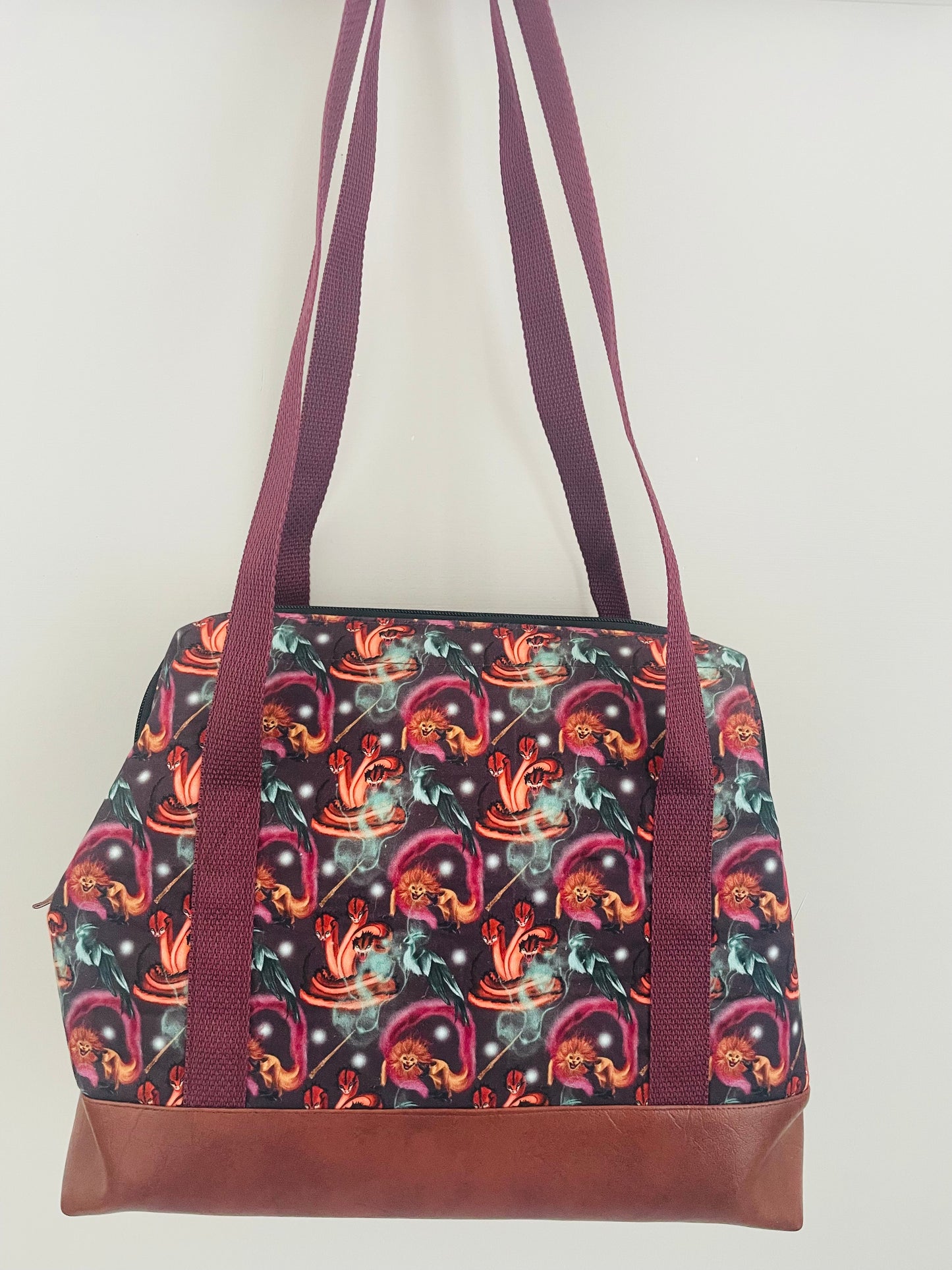 MYSTICAL CREATURE .... large  Wire frame bag...CUSTOM PRINT ... WEBBING HANDLES AND FAUX LETHER BOTTOM