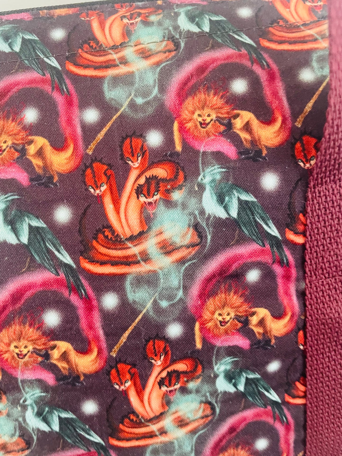 MYSTICAL CREATURE .... large  Wire frame bag...CUSTOM PRINT ... WEBBING HANDLES AND FAUX LETHER BOTTOM