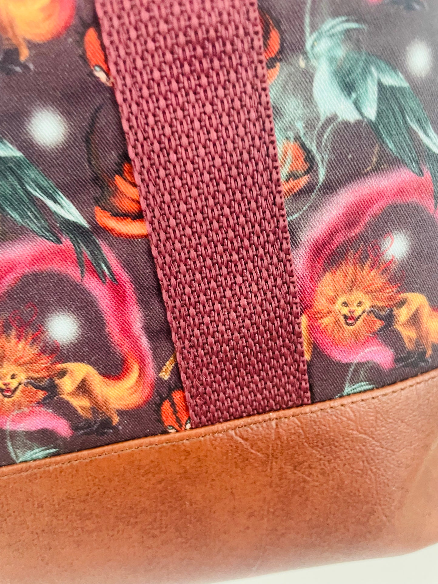 MYSTICAL CREATURE .... large  Wire frame bag...CUSTOM PRINT ... WEBBING HANDLES AND FAUX LETHER BOTTOM