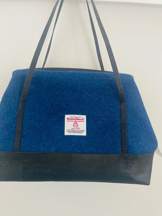 BLUE HARRIS TWEED  .... large  Wire frame bag....CORK BOTTOM AND HANDLES
