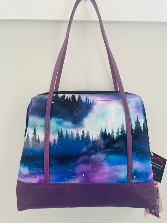 FIREFLY FOREST  .... large  Wire frame bag....CORK BOTTOM AND HANDLES ...CUSTOM PRINT , INCLUDES BAG BLING AND PROGRESS KEEPER