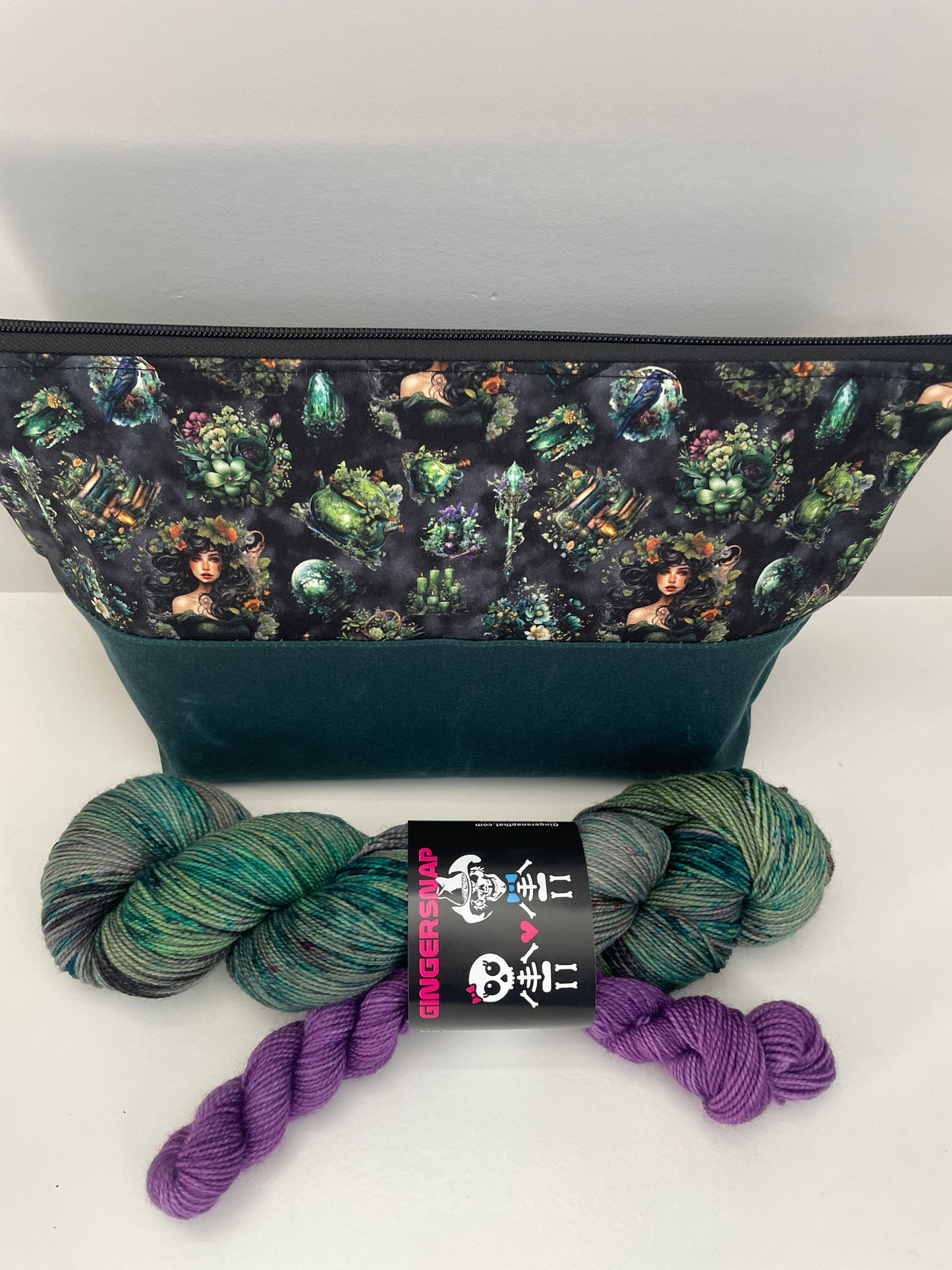 HERB WITCH LIFESTYLE PLUS  YARN AND BAG SET ...CUSTOM FARBIC ...WAXED CANVAS BOTTOM