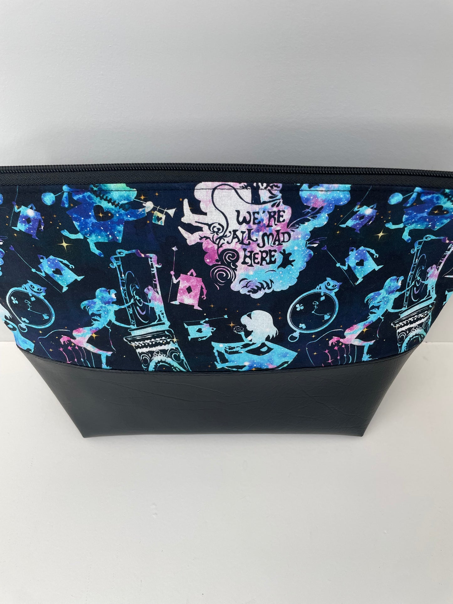 WATER COLOUR ALICE  .. Lifestyle plus  bag (soft no wire  , but interfaced ) BLACK FAUX LEATHER BOTTOM...CUSTOM PRINT.....BLACK LIGHT REACTIVE