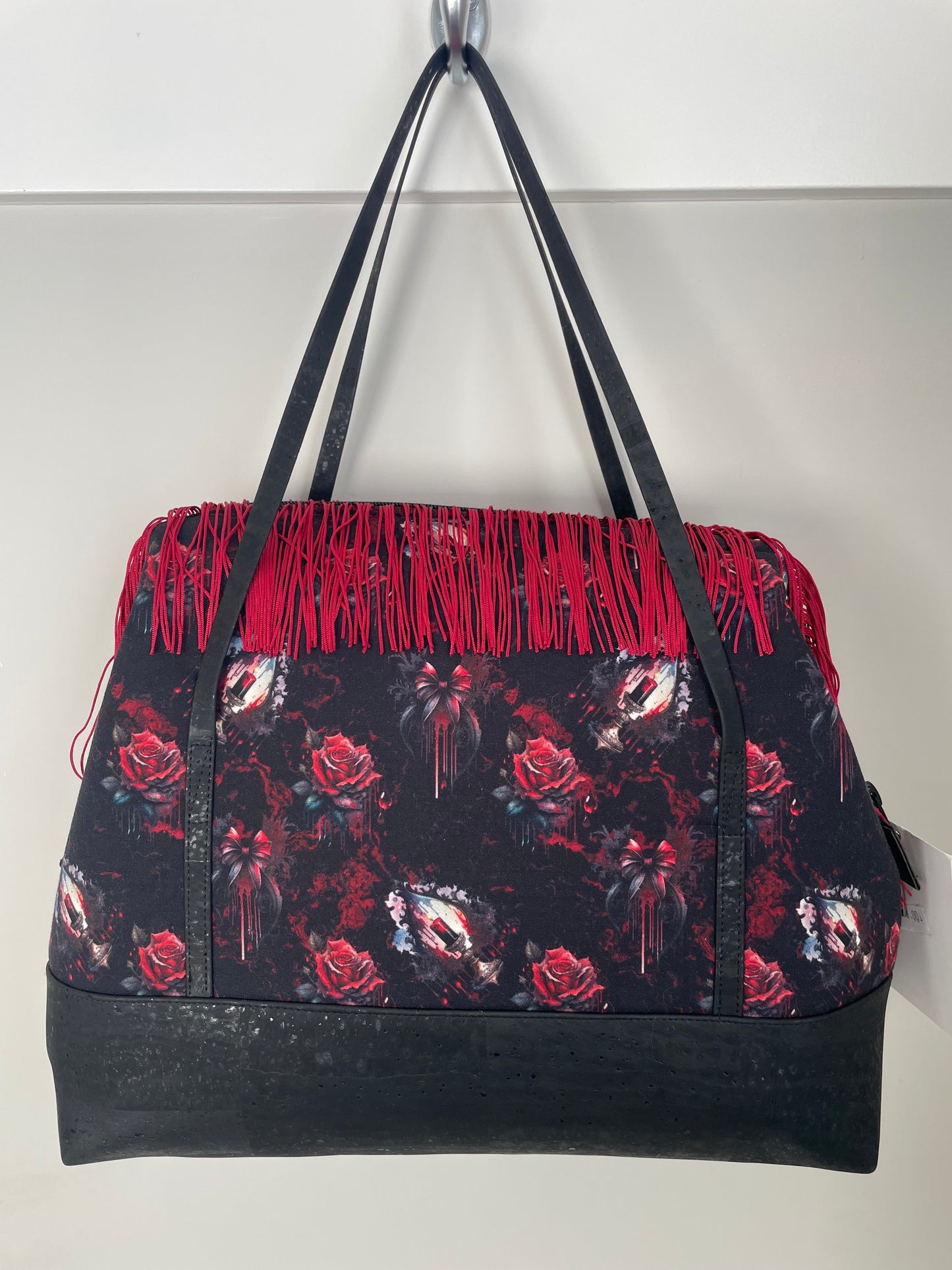 THROUGH THE VEIL...... large wire Frame bag featuring...CUSTOM PRINT ...RED FRINGE ..... BLACK CORK BOTTOM AND HANDBAG LENGHT HANDLES