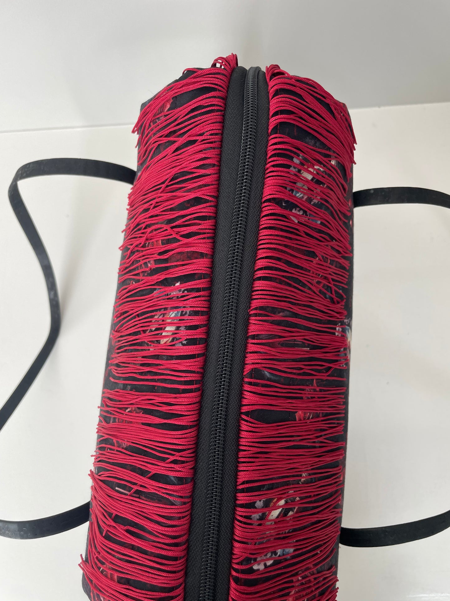 THROUGH THE VEIL...... large wire Frame bag featuring...CUSTOM PRINT ...RED FRINGE ..... BLACK CORK BOTTOM AND HANDBAG LENGHT HANDLES