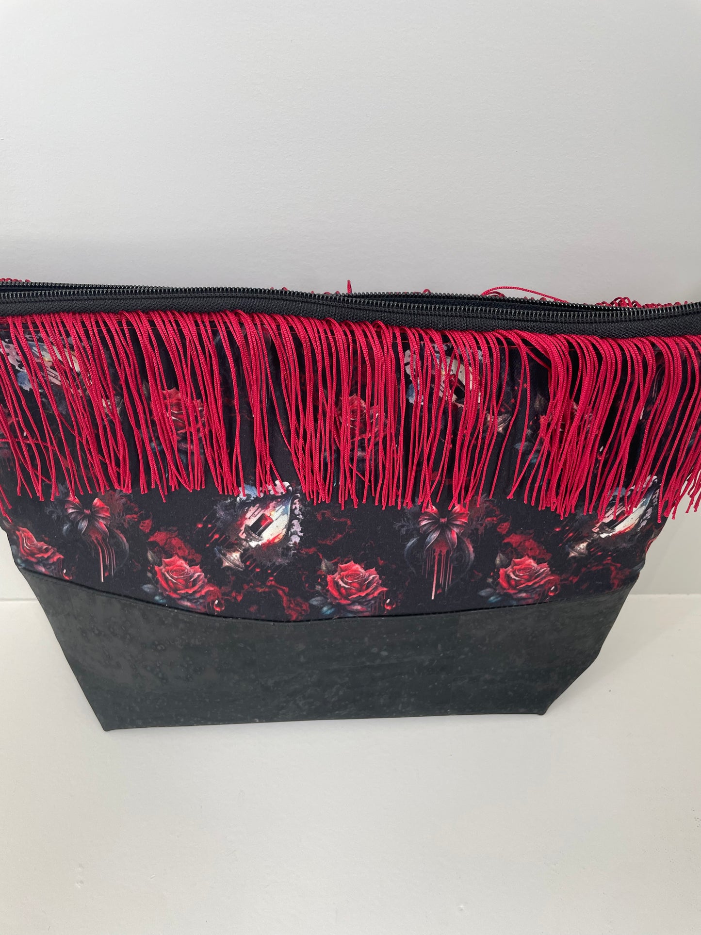 THROUGH THE VEIL .. Lifestyle plus  bag (soft no wire  , but interfaced ) BLACK CORK BOTTOM , RED FRINGE