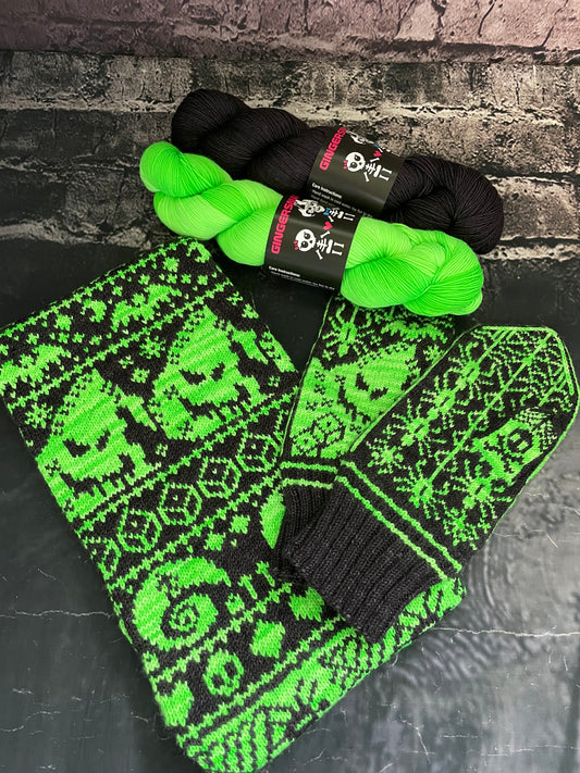 BOGEYMAN MITTEN AND COWL SET BLACK LIGHT REACTIVE....DOES NOT INCLUDE PATTERN ...PLEASE READ ALL THE INFO IN THE LISTING