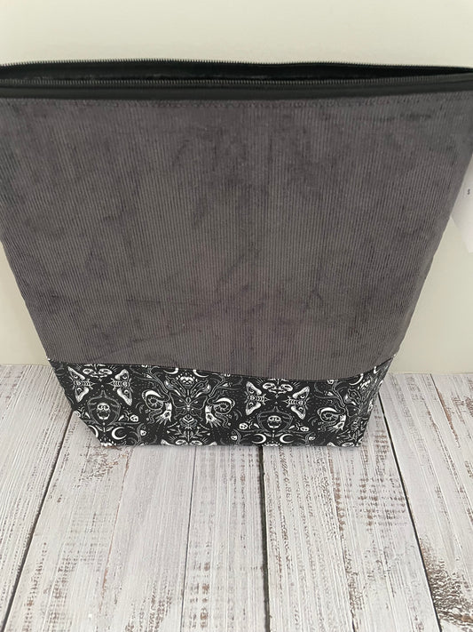 CHARCOAL CORDUROY TALL Lifestyle plus bag (soft no wire , but interfaced )DEATHMOTH FAUX LEATHER BOTTOM