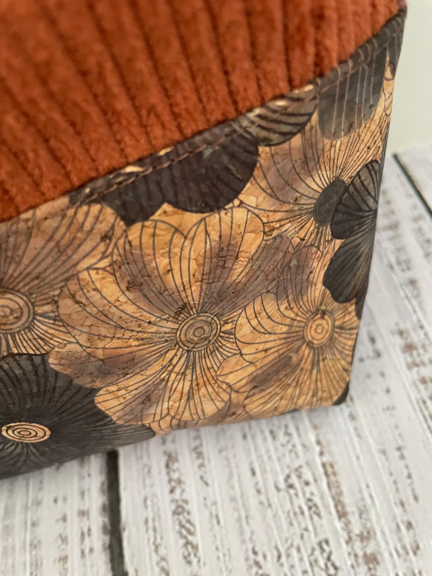 RUSTY  CORDUROY TALL Lifestyle plus bag (soft no wire  , but interfaced ) FLORAL CORK   BOTTOM