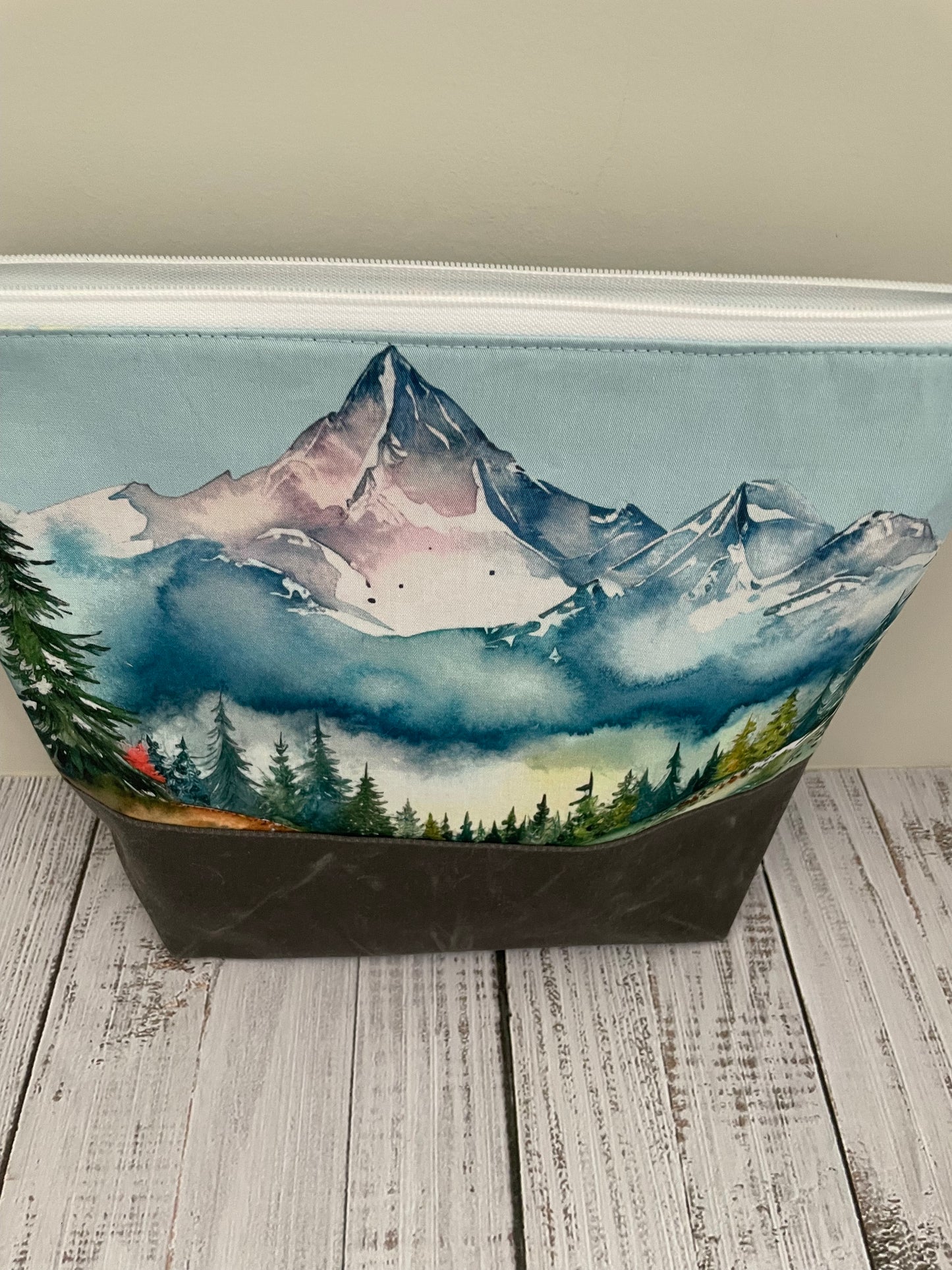 WATERCOLOUR MOUNTAINS.   Lifestyle plus  bag (soft no wire  , but interfaced ) grey waxed canvas bottom