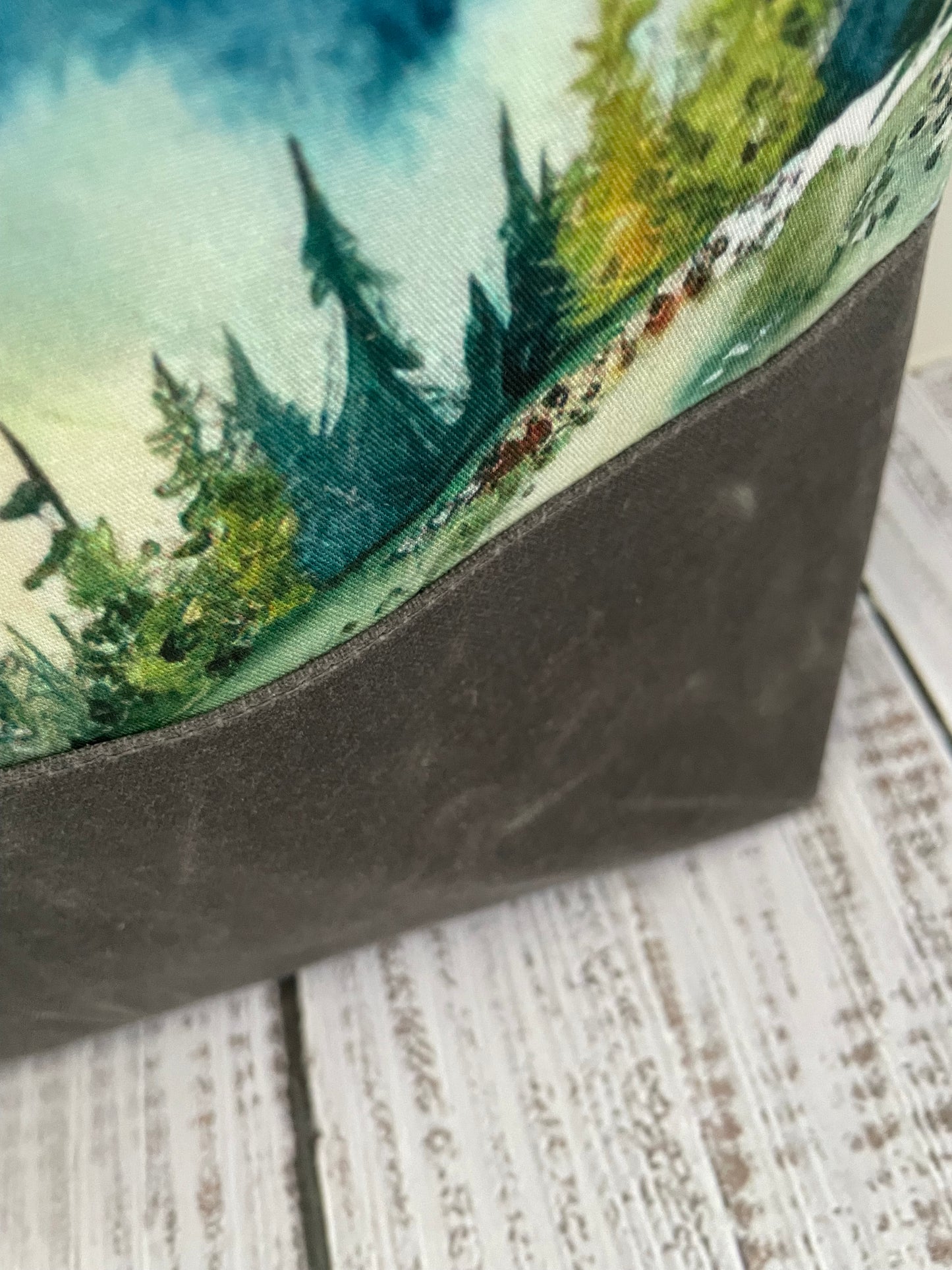 WATERCOLOUR MOUNTAINS.   Lifestyle plus  bag (soft no wire  , but interfaced ) grey waxed canvas bottom