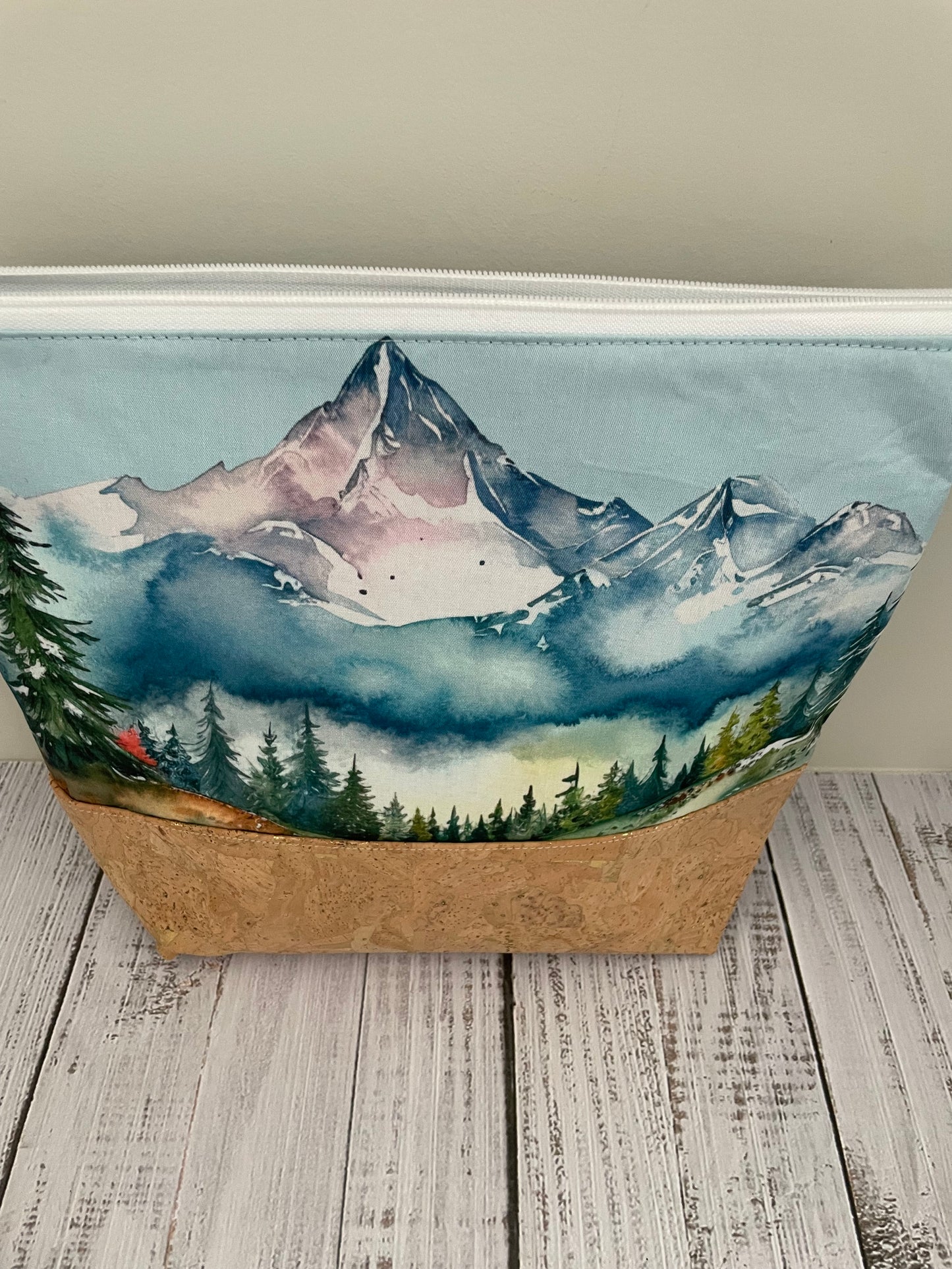 WATERCOLOUR MOUNTAINS.   Lifestyle plus  bag (soft no wire  , but interfaced )NATURAL CORK BOTTOM
